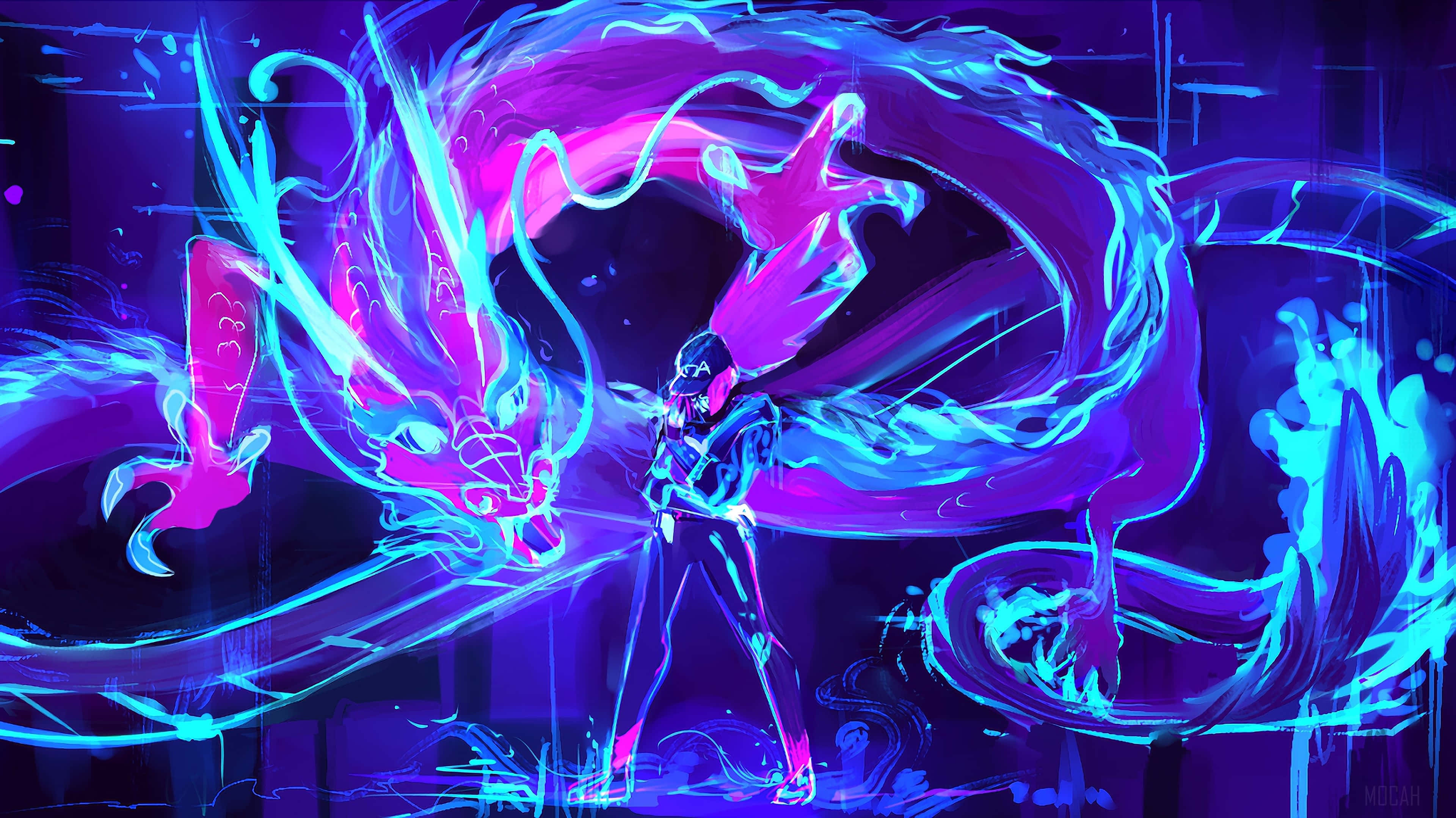 Neon Twitch, blue dragon, glowing neon dragon, 4K Desktop Wallpaper