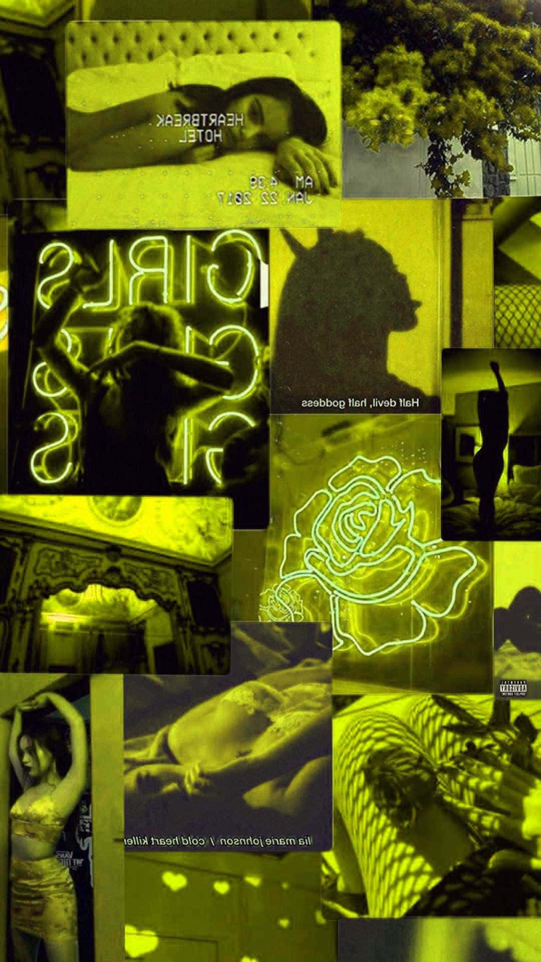 neon yellow, collage, glowing text, Full HD Phone Wallpaper