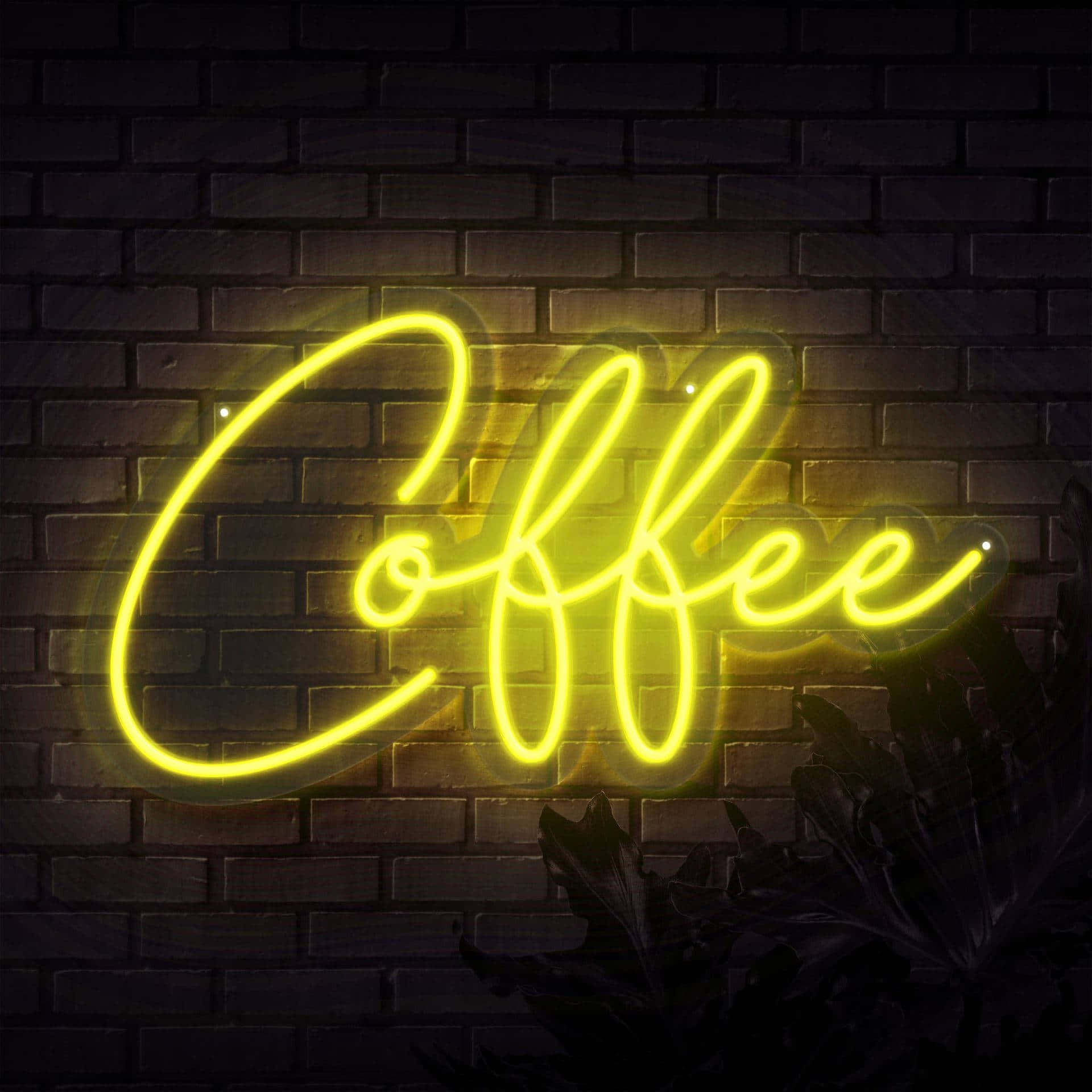 yellow neon sign, Coffee, dark brick wall, Full HD Desktop Wallpaper