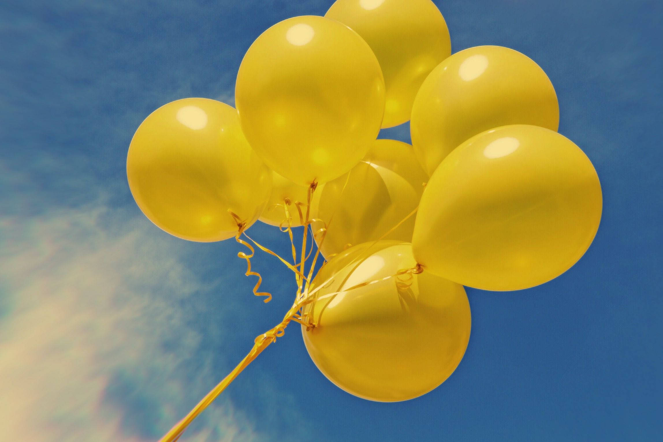 Neon Yellow, shiny yellow balloons, clear blue sky, Full HD Desktop Wallpaper