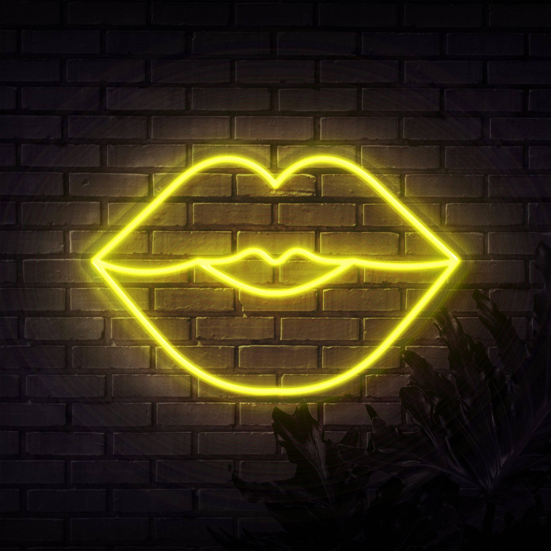 neon yellow, glowing yellow neon lips sign, dark brick wall, Full HD Desktop Wallpaper