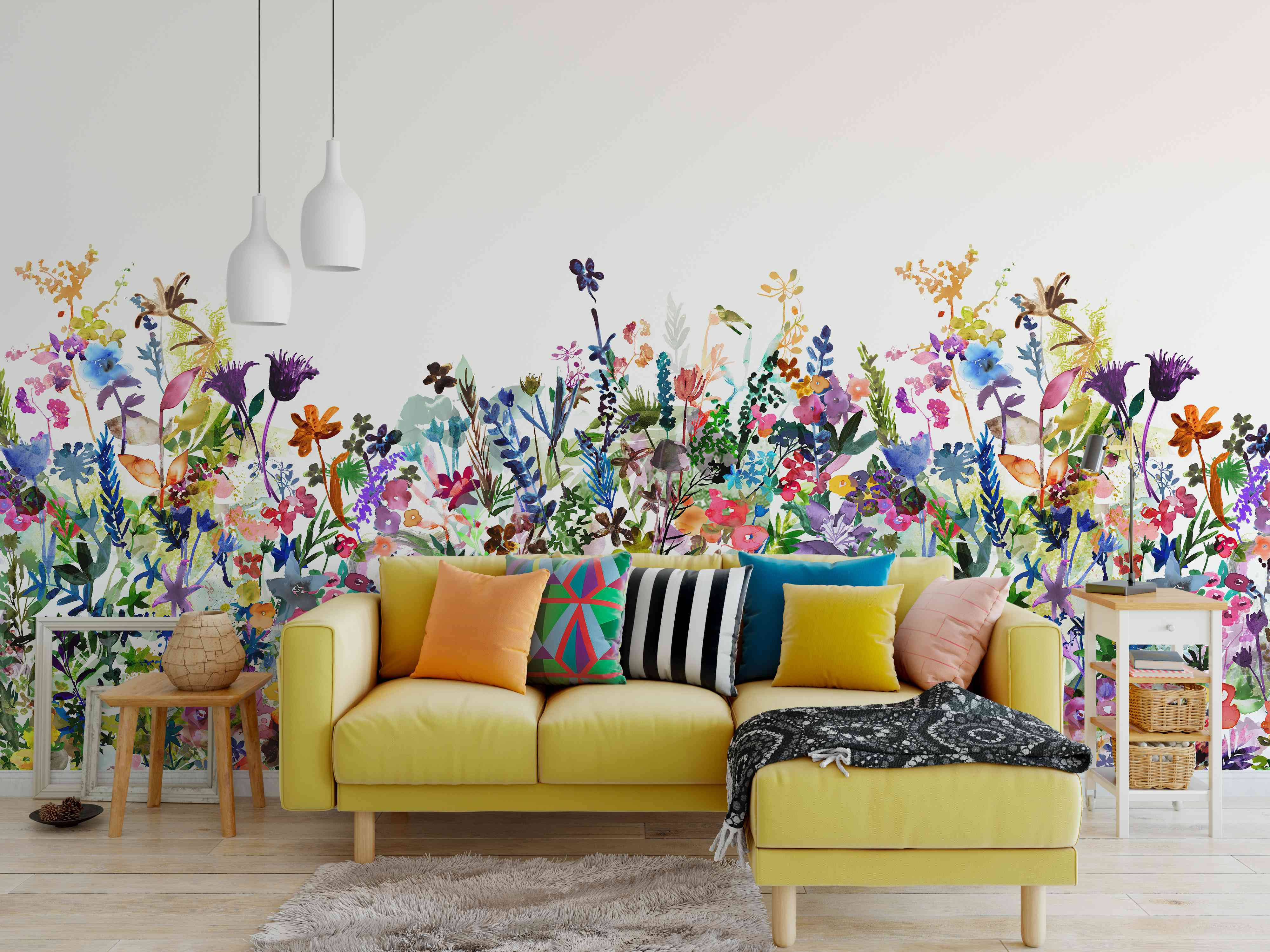 Neon Yellow, bright yellow sofa, vibrant floral wallpaper, 4K Desktop Wallpaper