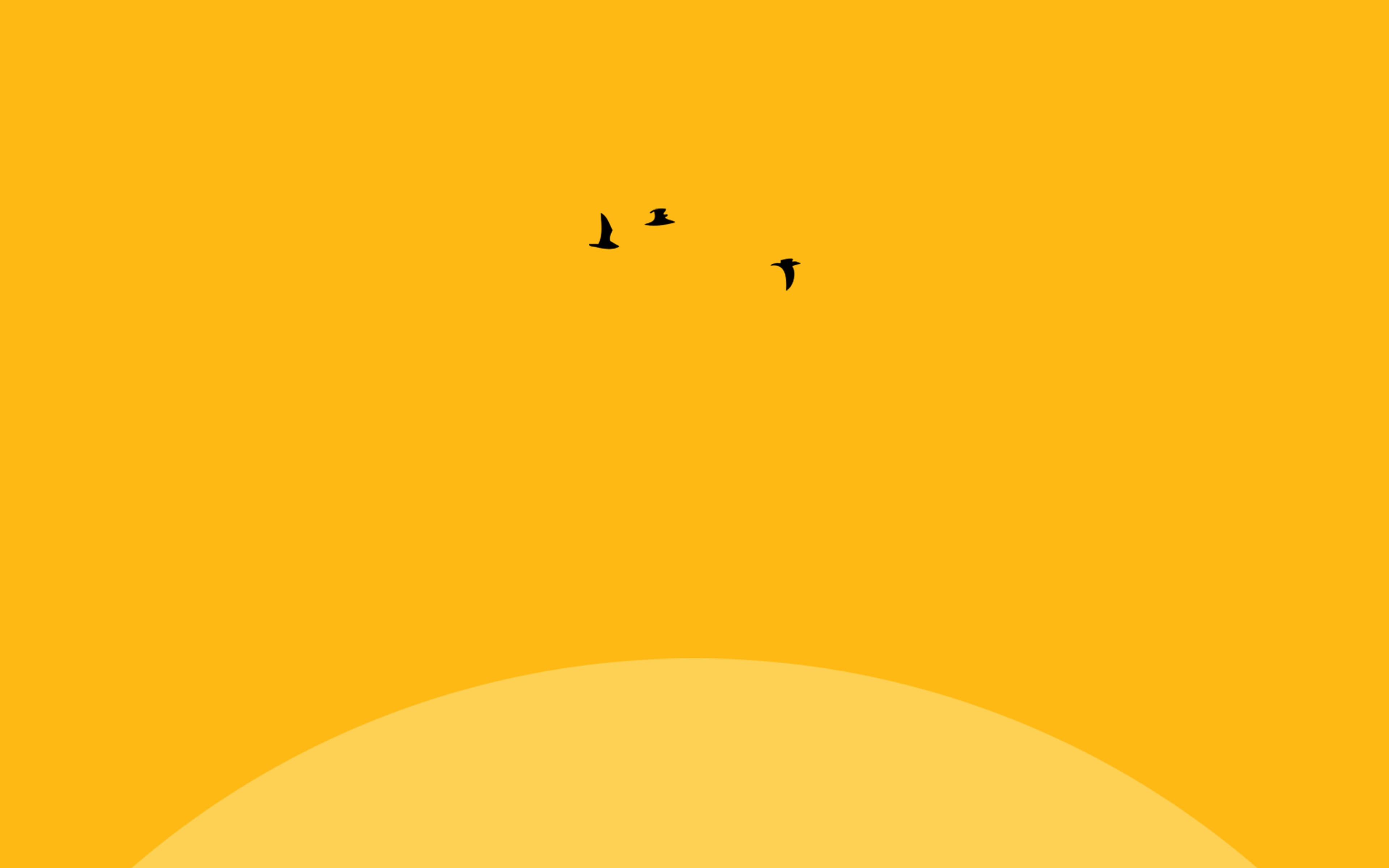 neon yellow, black bird silhouettes, vibrant orange sky, 4K Desktop Wallpaper