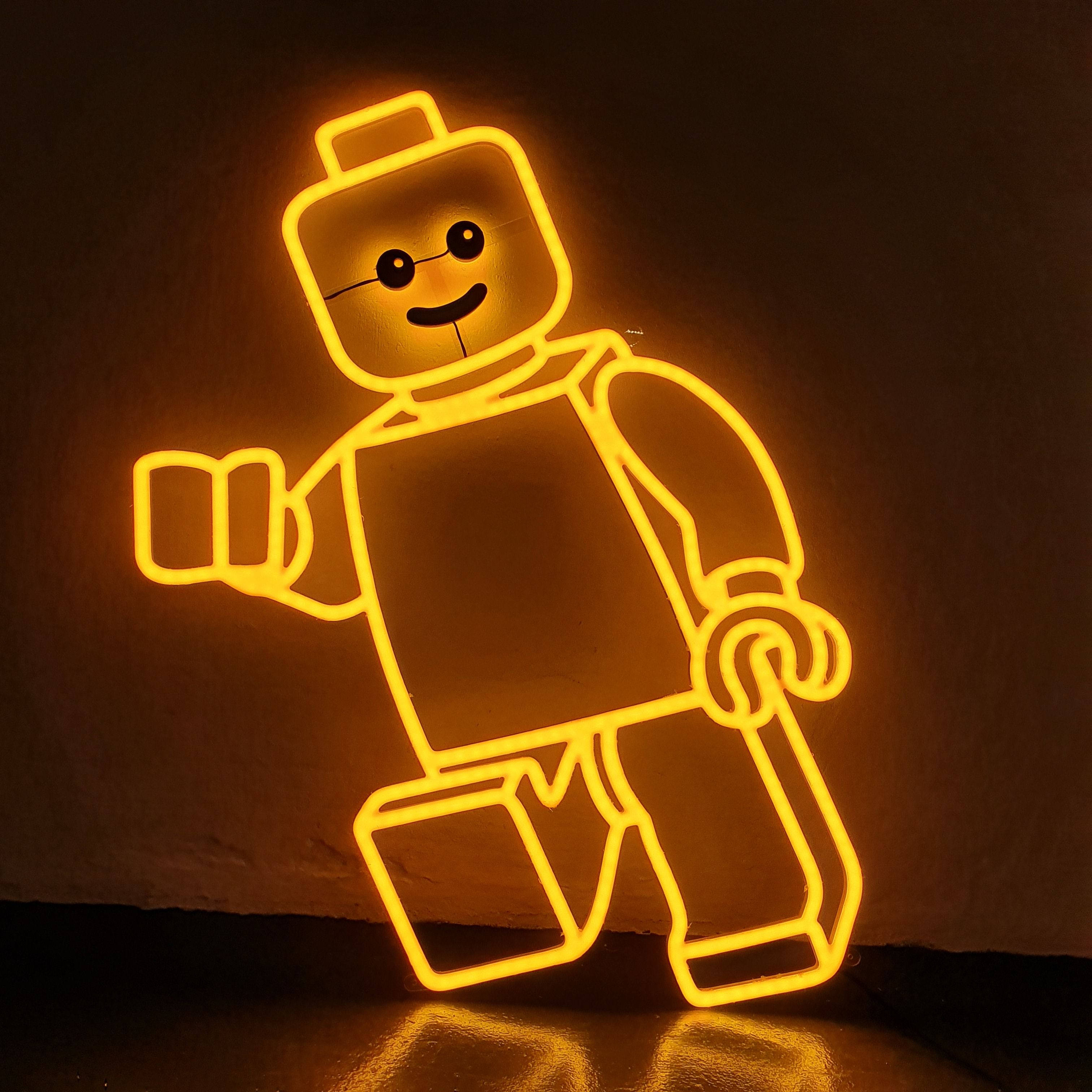 Smiling Lego Minifigure, Neon Yellow, Glowing Yellow Neon Outline, 2K Desktop Wallpaper