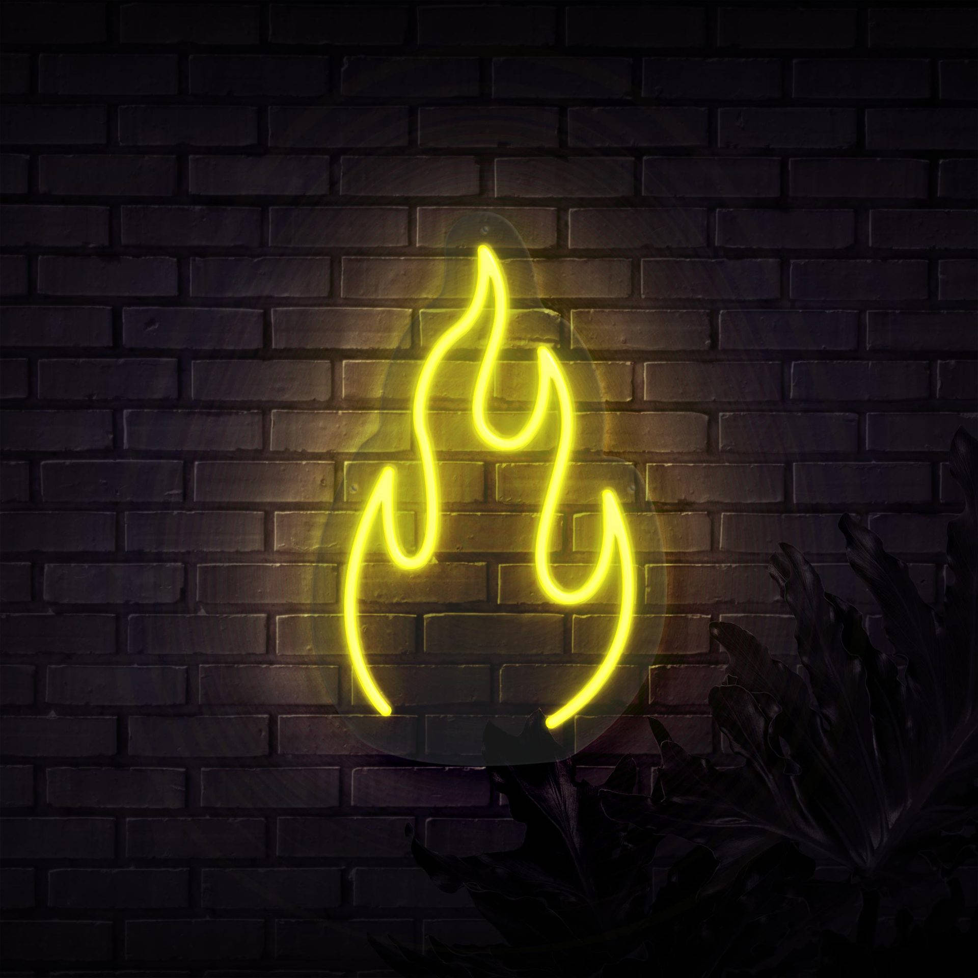 Neon Yellow, flame sign, dark brick wall, Full HD Desktop Wallpaper
