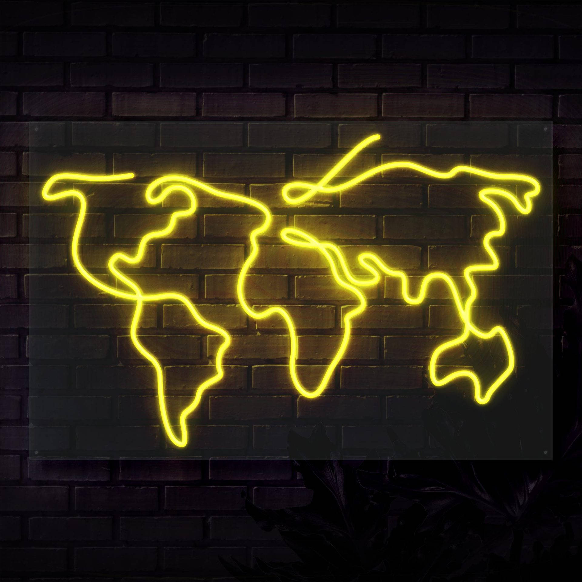 Neon Yellow, world map outline, dark brick wall, Full HD Desktop Wallpaper