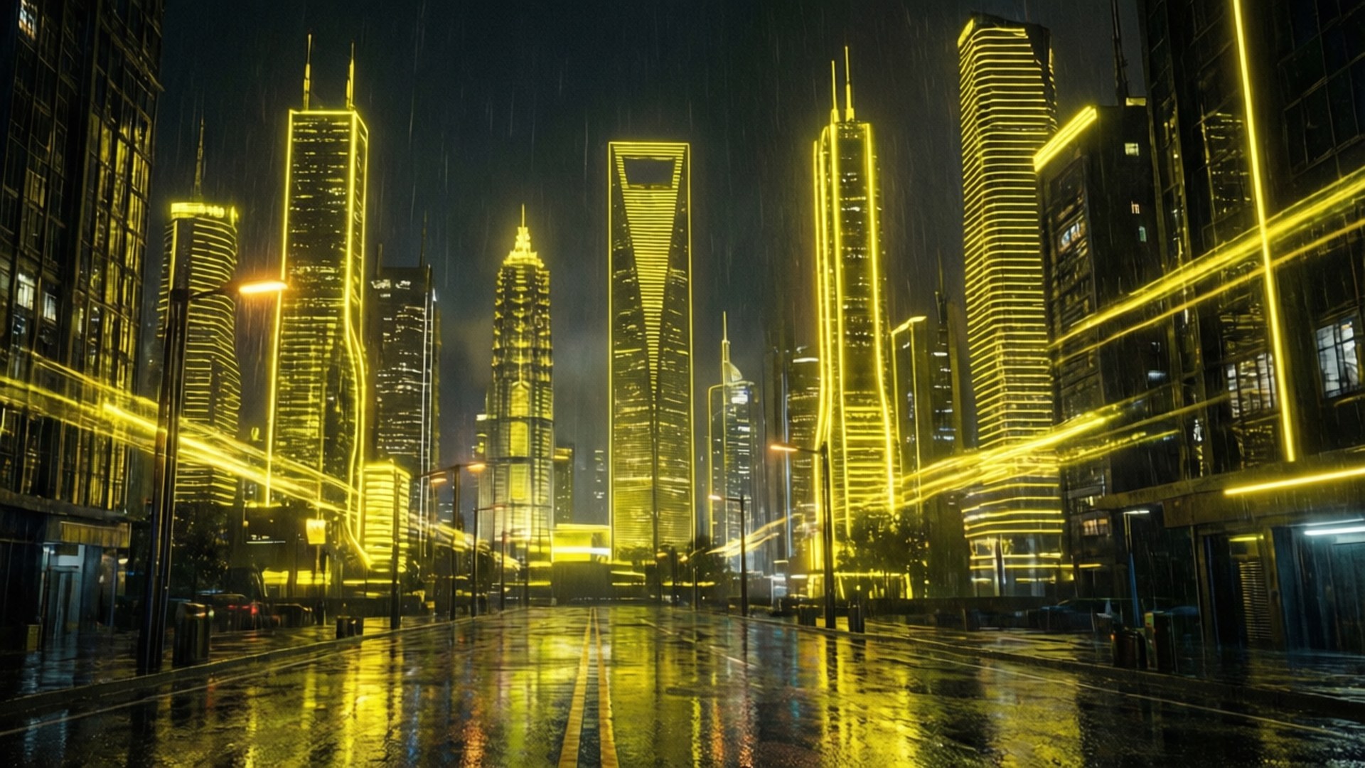 Neon Yellow, cyberpunk city, rain slicked streets, Full HD Desktop Wallpaper
