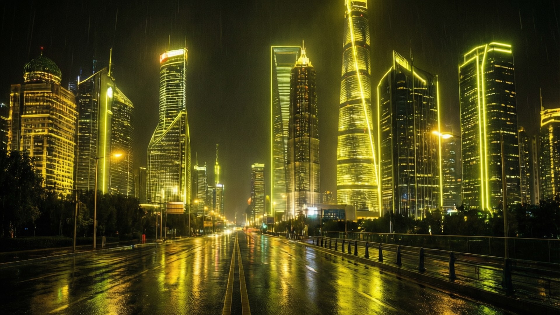 Neon Yellow, cyberpunk city, rain slicked streets, Full HD Desktop Wallpaper