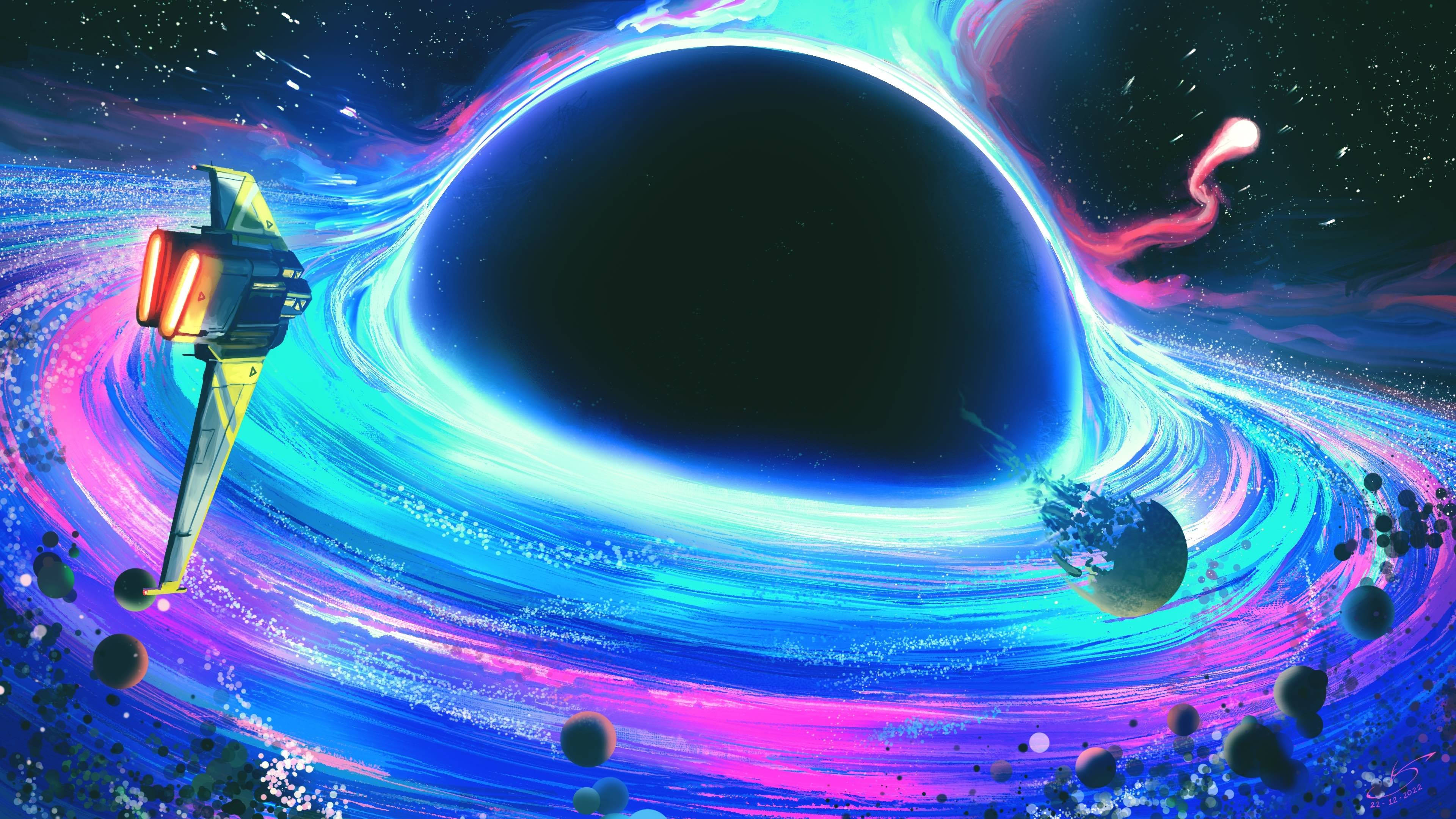 4K, black hole, neon spaceship, 4K Desktop Wallpaper