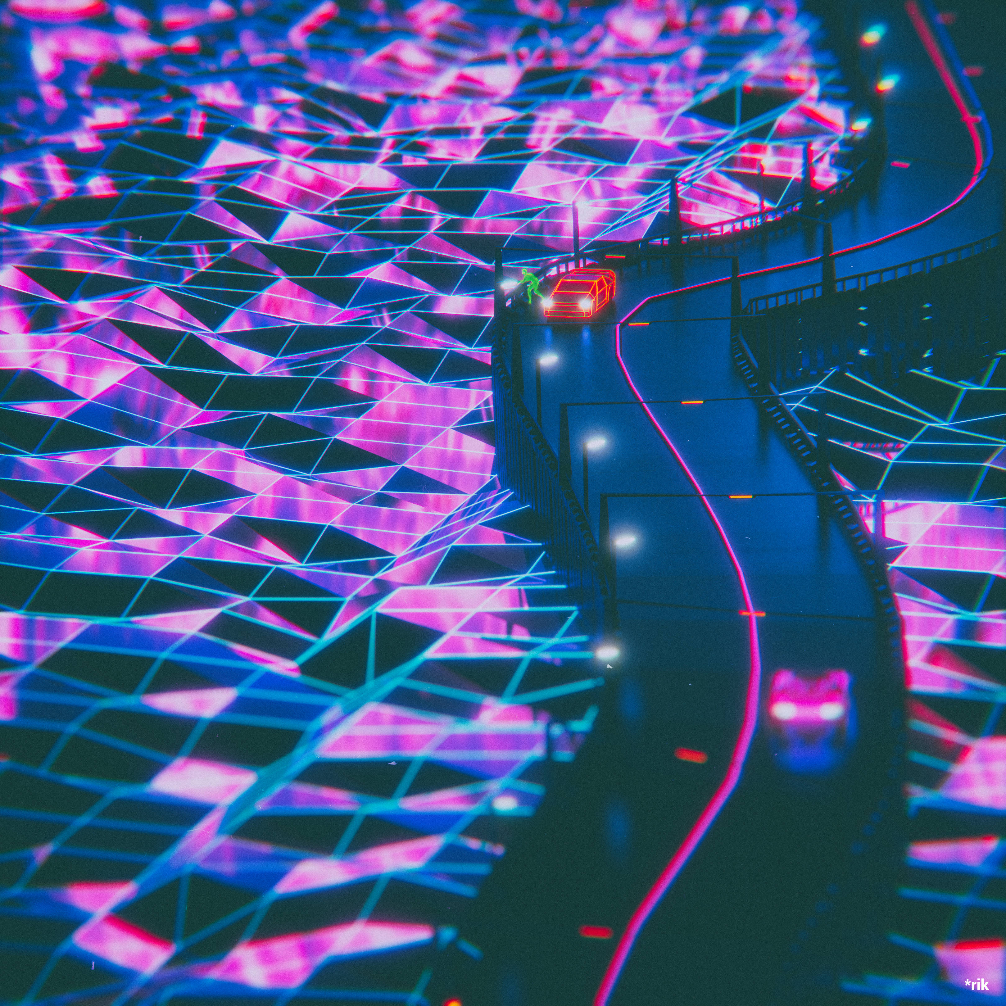 synthwave, neon road, pink and blue geometric light patterns, 2K Desktop Wallpaper