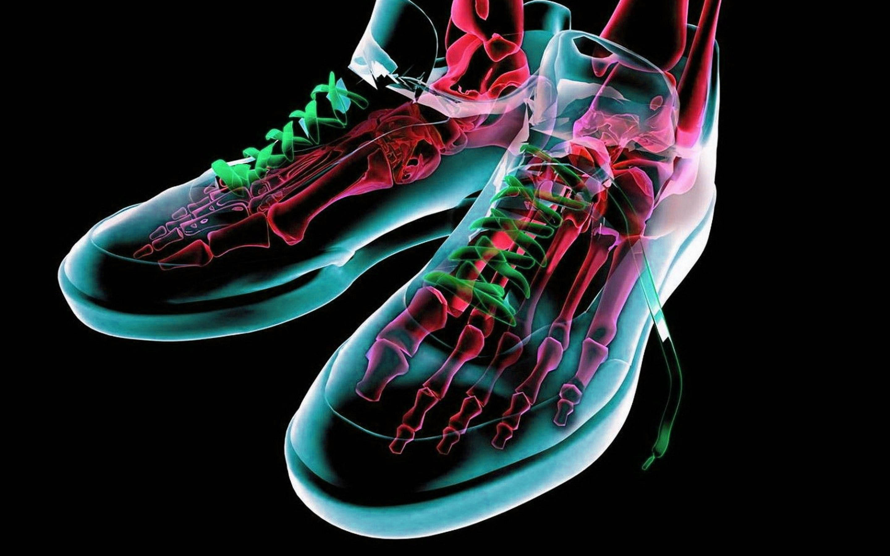 3d neon shoes, glowing pink foot bones, green laces, 2K Desktop Wallpaper