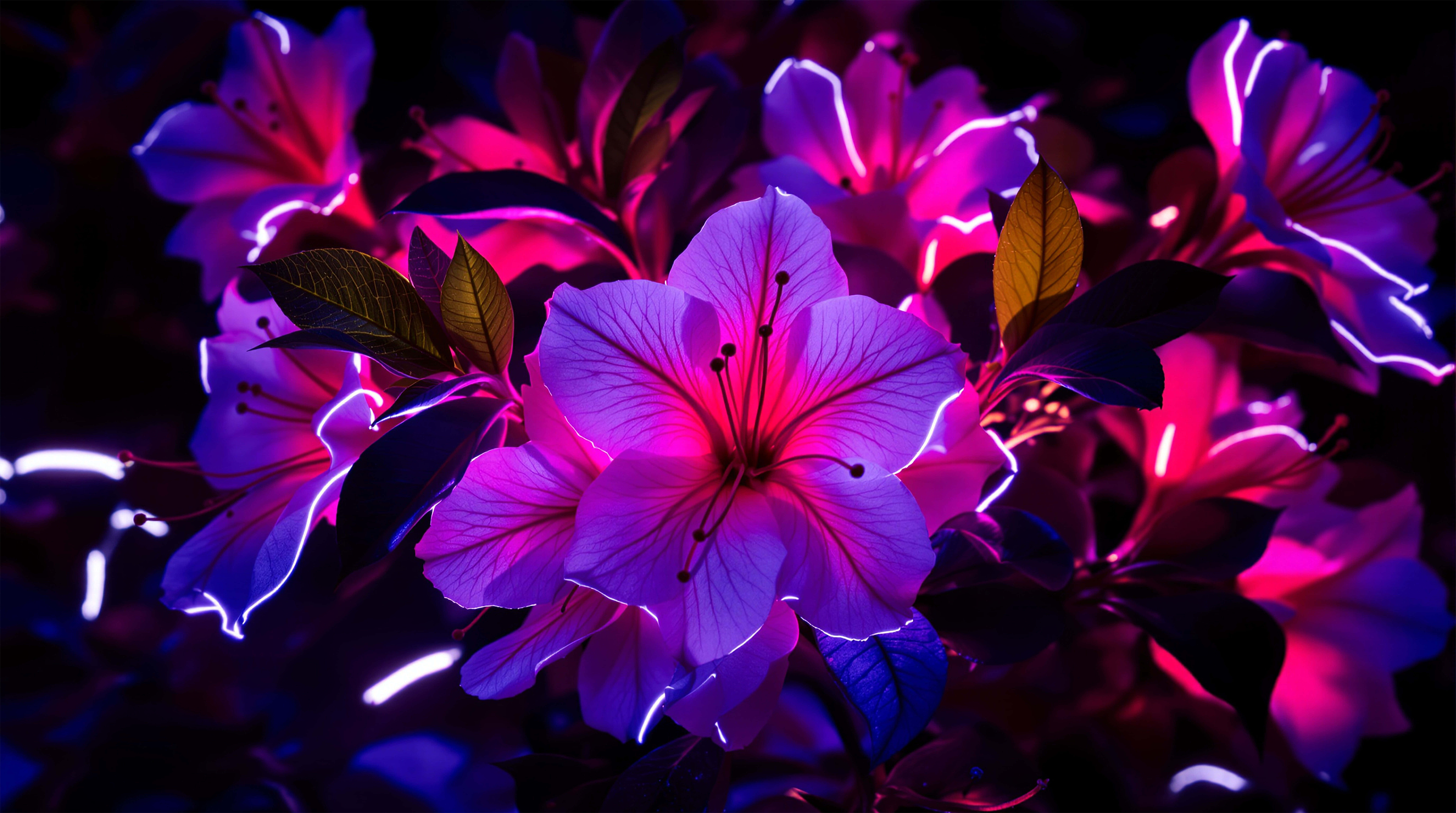 Neon, neon pink, purple flowers, 8K Desktop Wallpaper