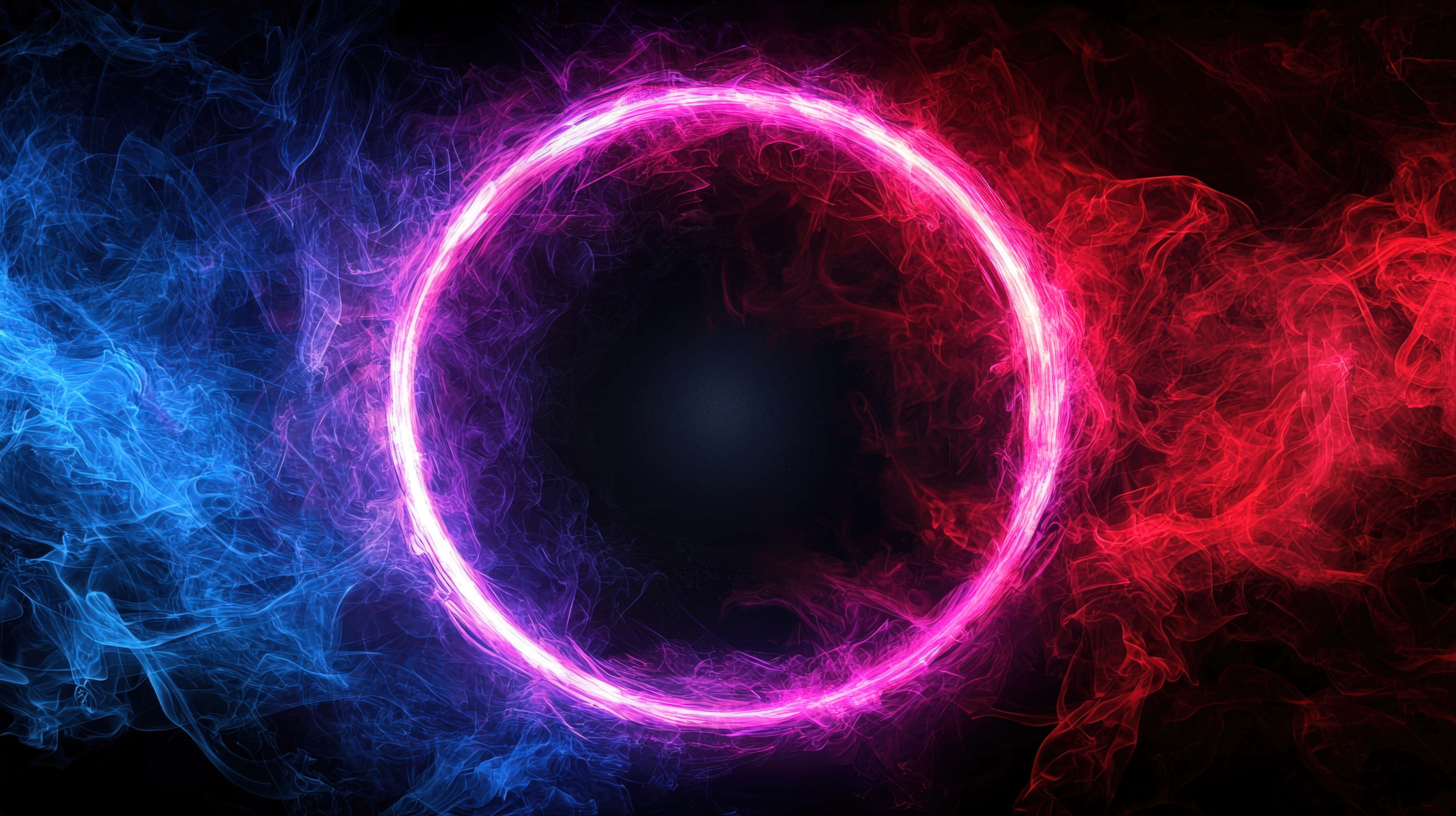 neon ring, swirling red and blue smoke, glowing pink neon ring, 8K Desktop Wallpaper