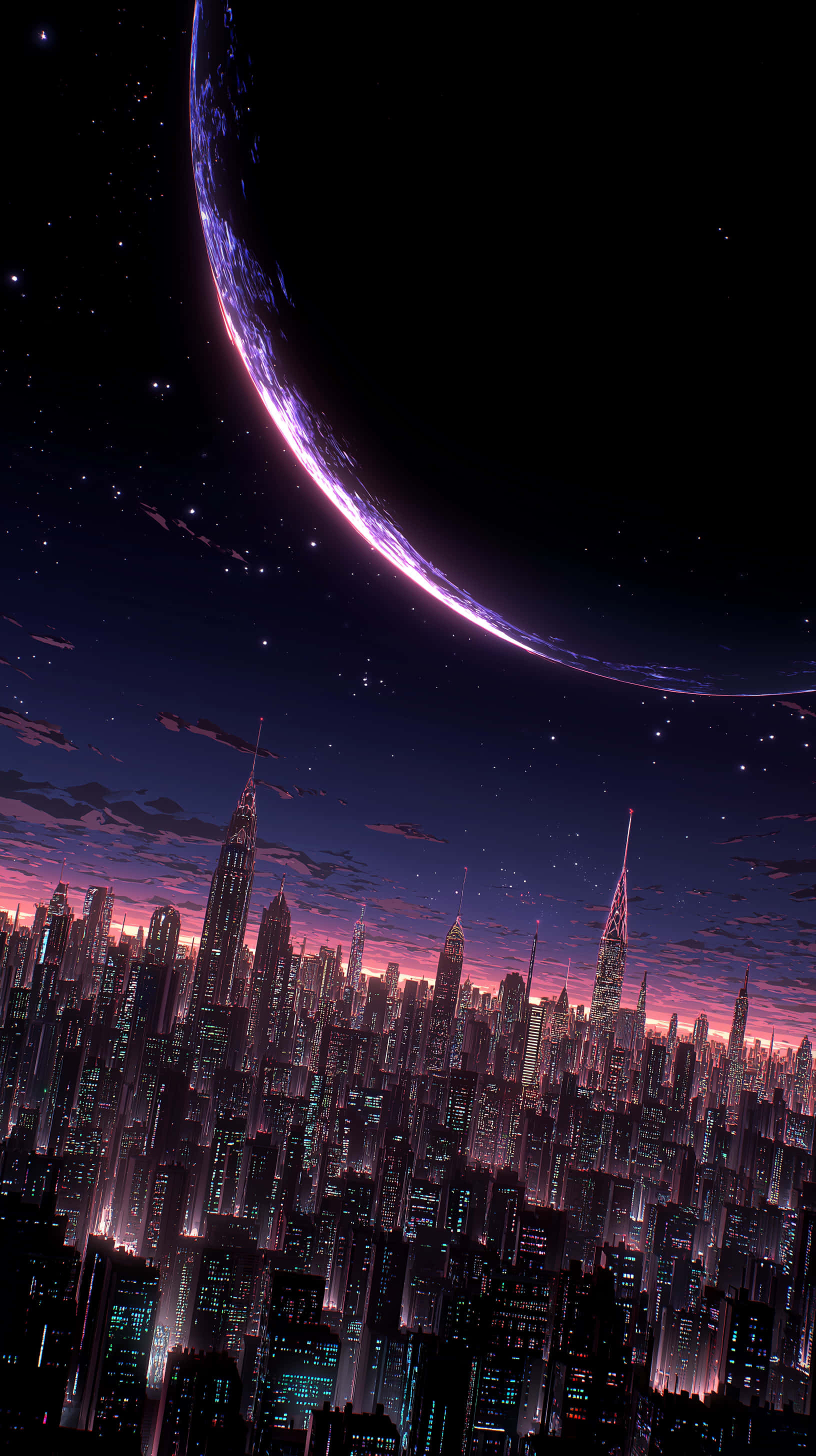 cyberpunk cityscape, crescent moon, purple auroras, 2K Phone Wallpaper