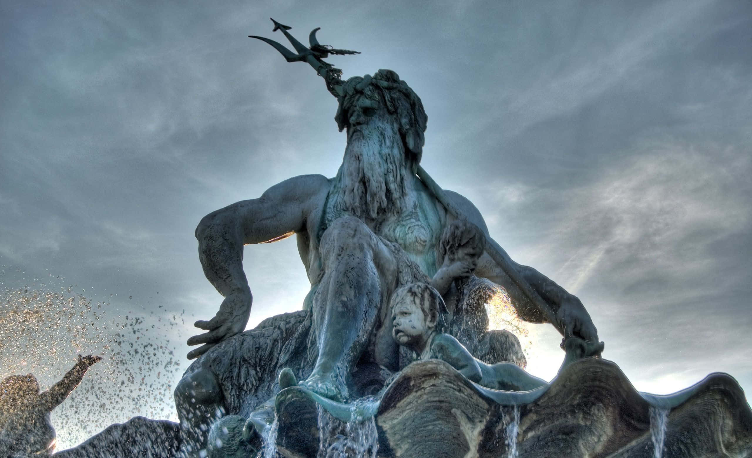 Neptune, fountain statue, sunset, 2K Desktop Wallpaper