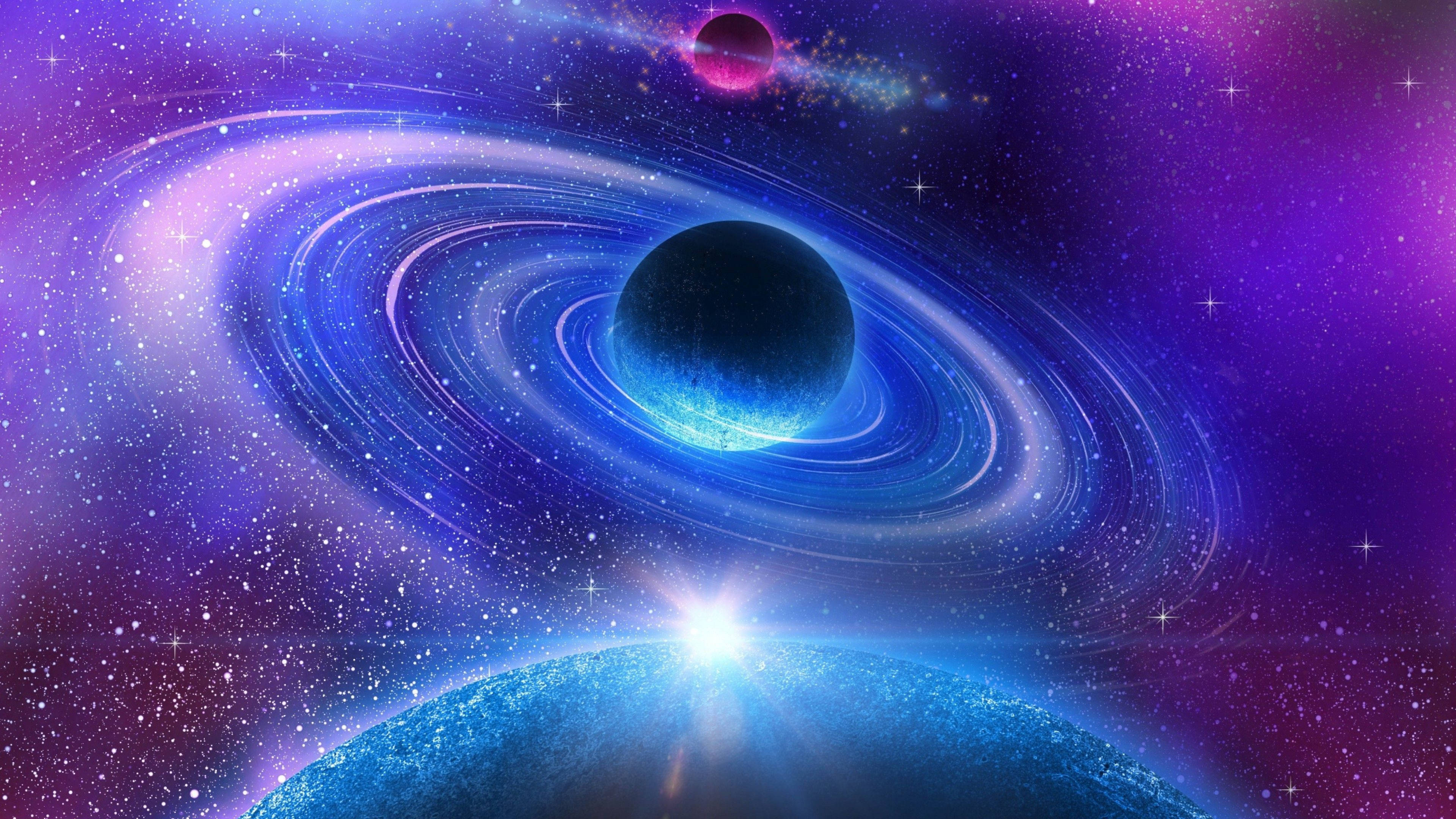 Neptune, glowing blue planet, rings, 4K Desktop Wallpaper