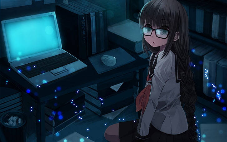 anime girl, glasses, laptop, SD Desktop Wallpaper