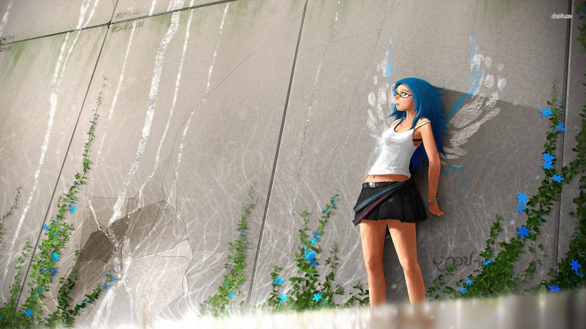 anime girl, blue-haired, angel wings, Full HD Desktop Wallpaper