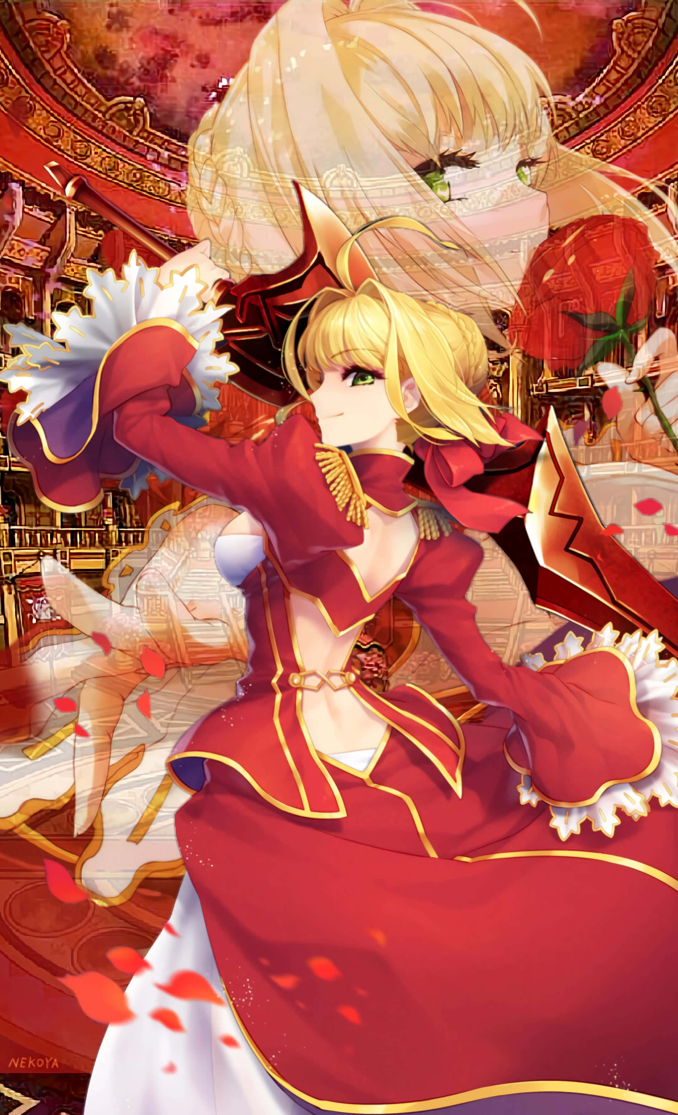 Nero Claudius, red and gold dress, falling petals, 2K Phone Wallpaper