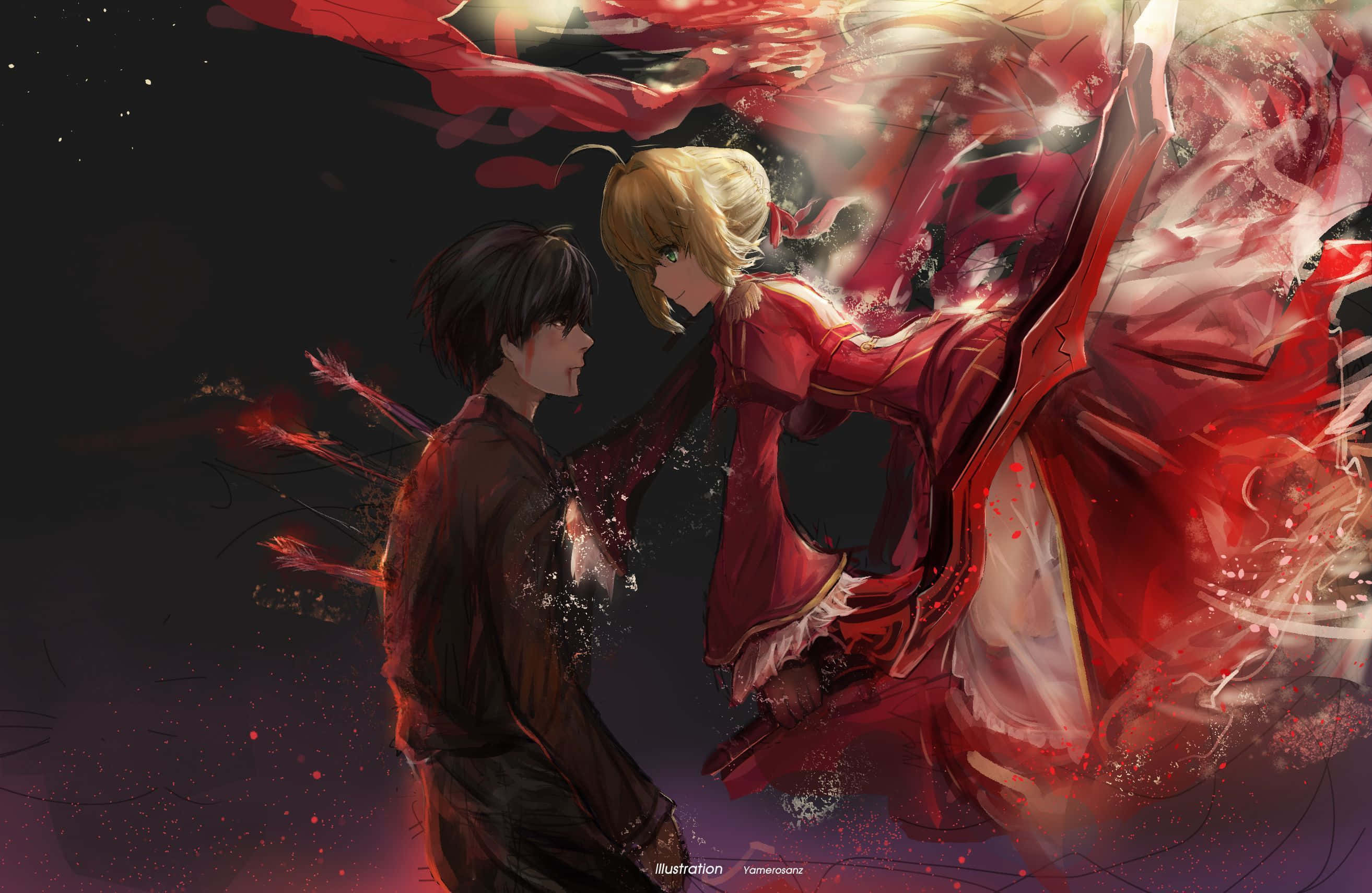 Nero Claudius, blonde woman, flowing red dress, 2K Desktop Wallpaper