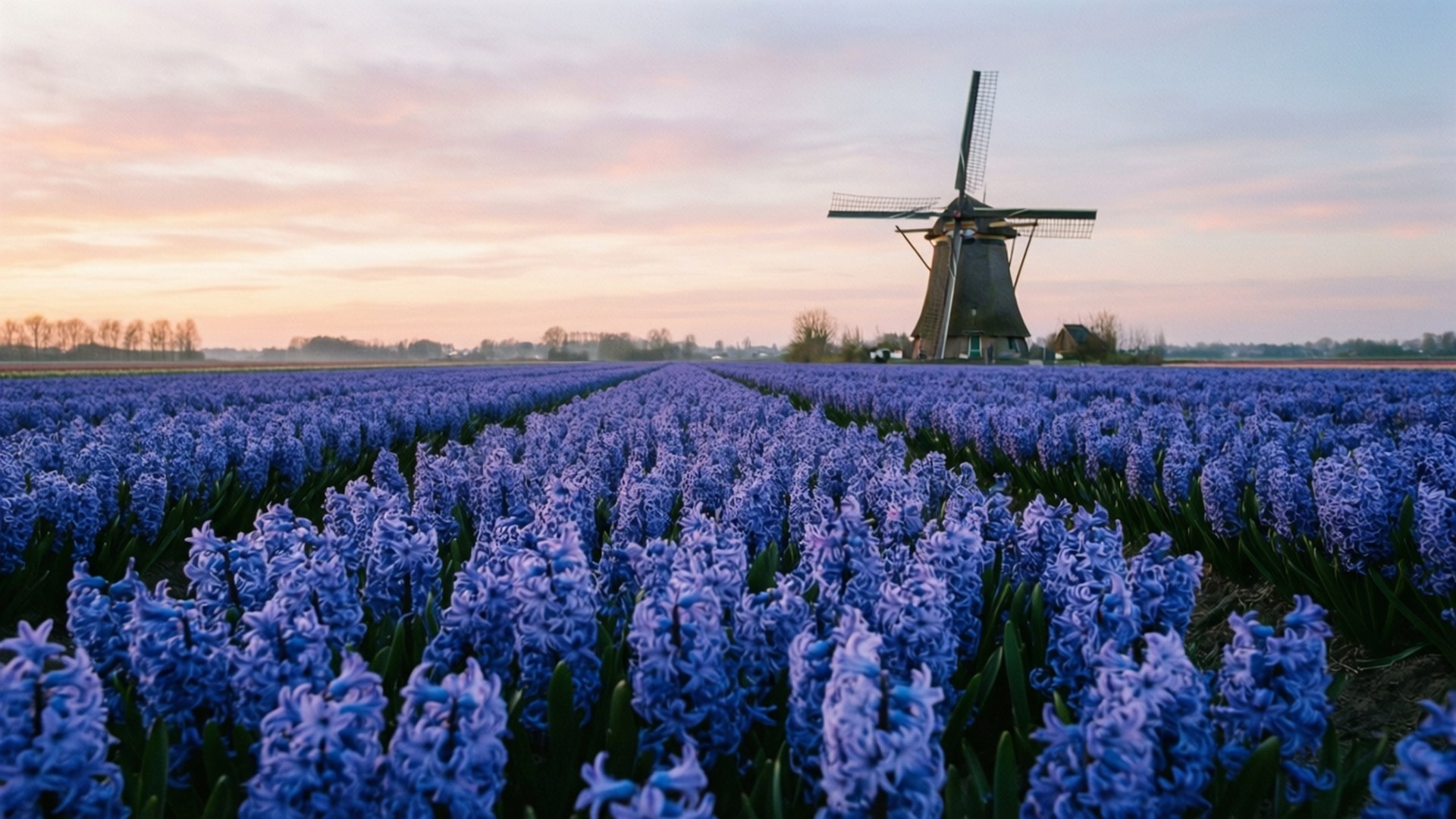 hyacinths, purple hyacinths, wooden windmill, Full HD Desktop Wallpaper