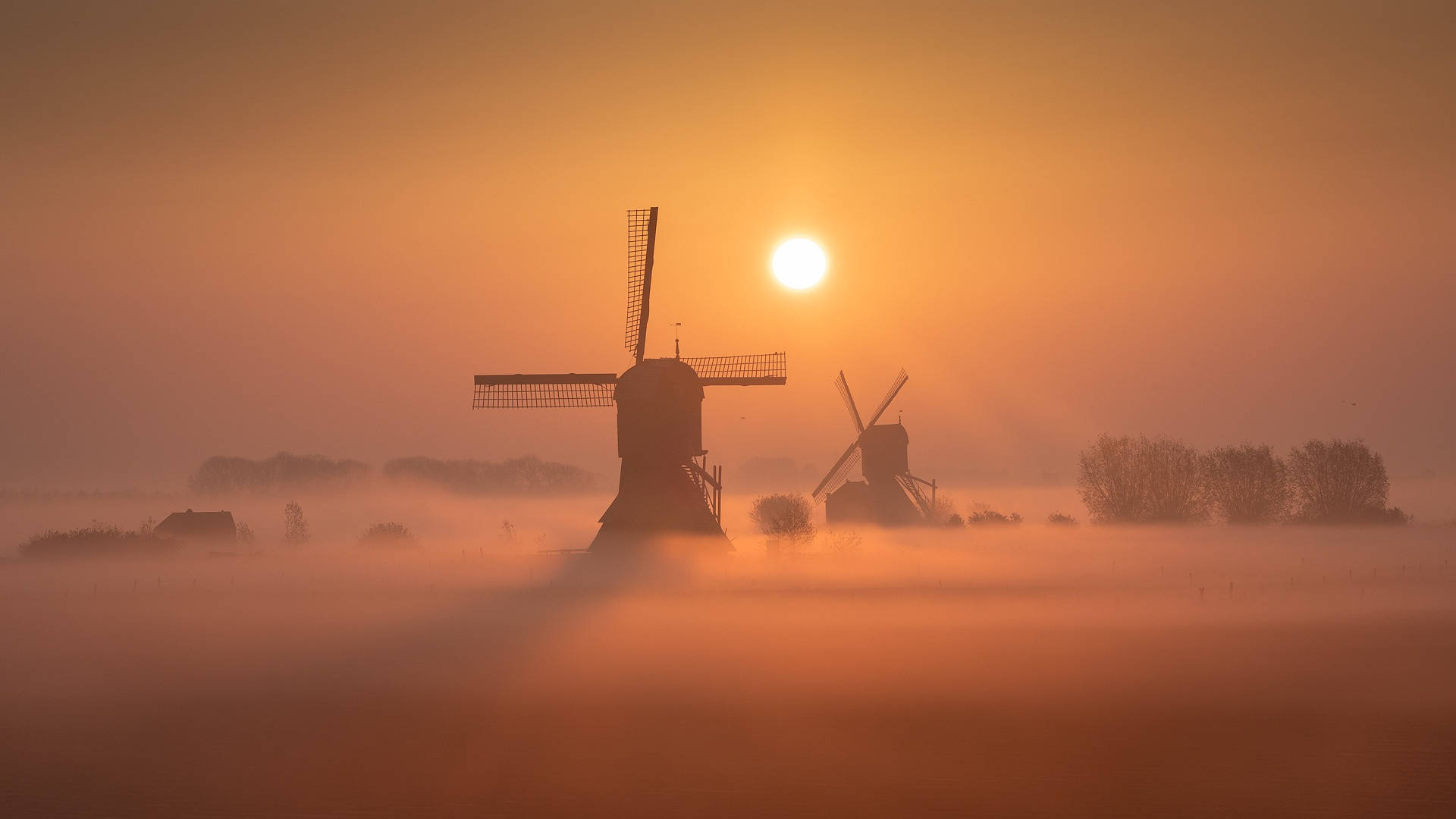 country side windmills, Netherlands, orange mist, Full HD Desktop Wallpaper