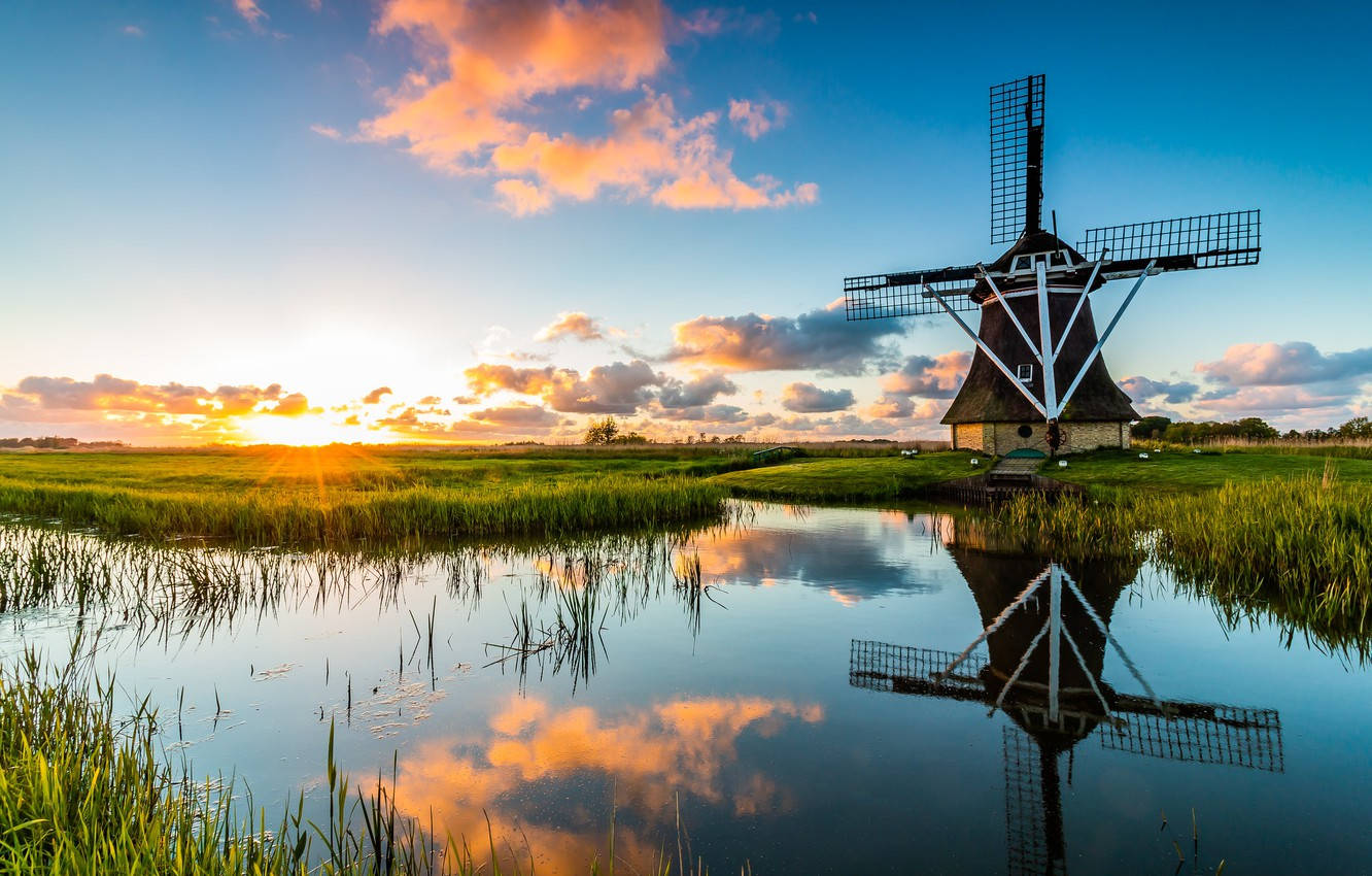 Netherlands, windmill, sunset, HD Desktop Wallpaper
