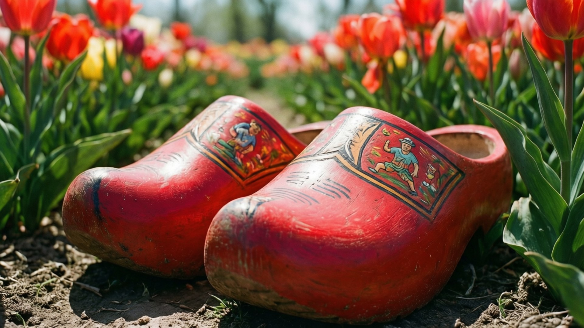 red wooden clogs, painted scenes, field of vibrant tulips, Full HD Desktop Wallpaper