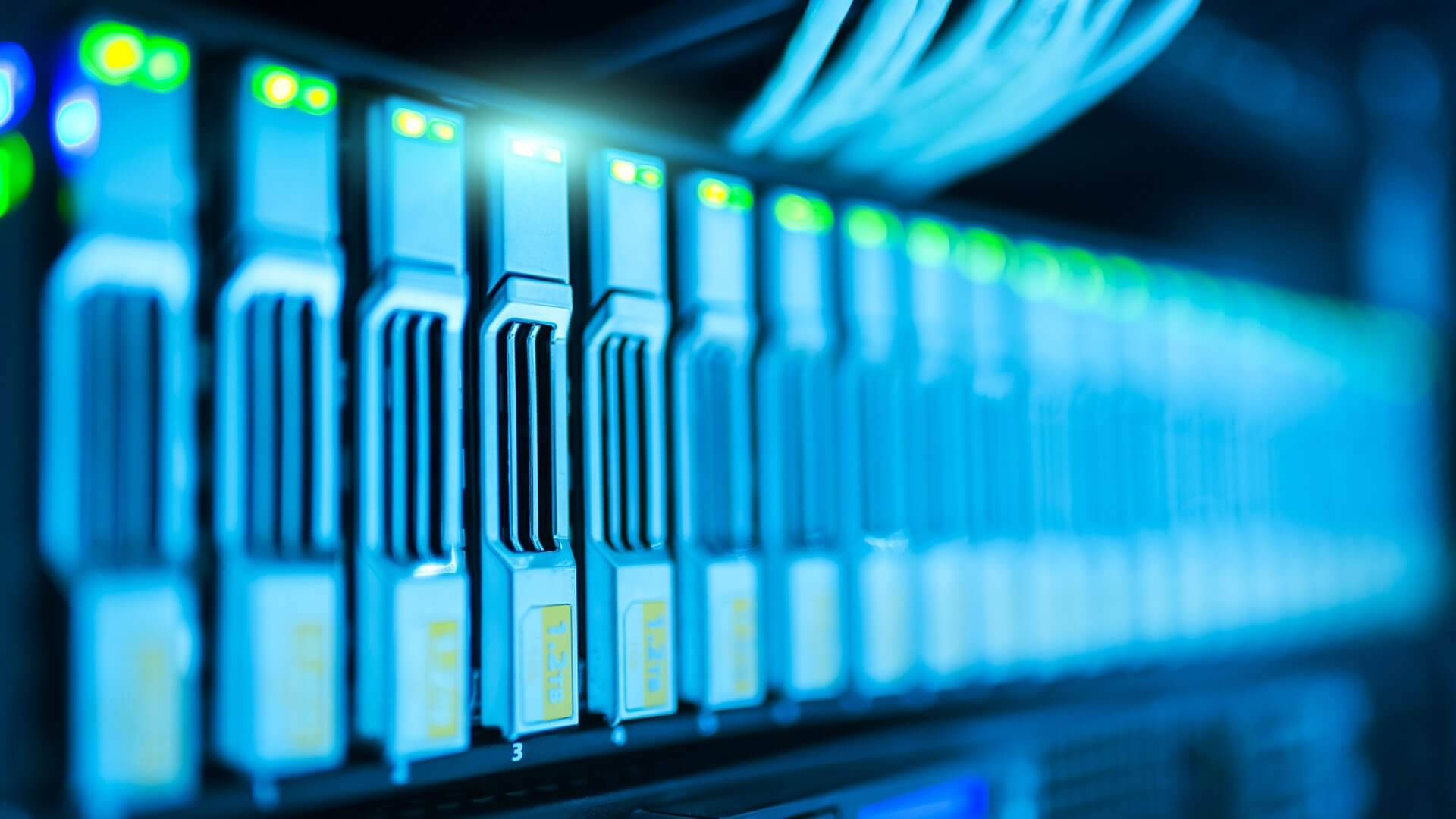 data center, server racks, blue lights, Full HD Desktop Wallpaper