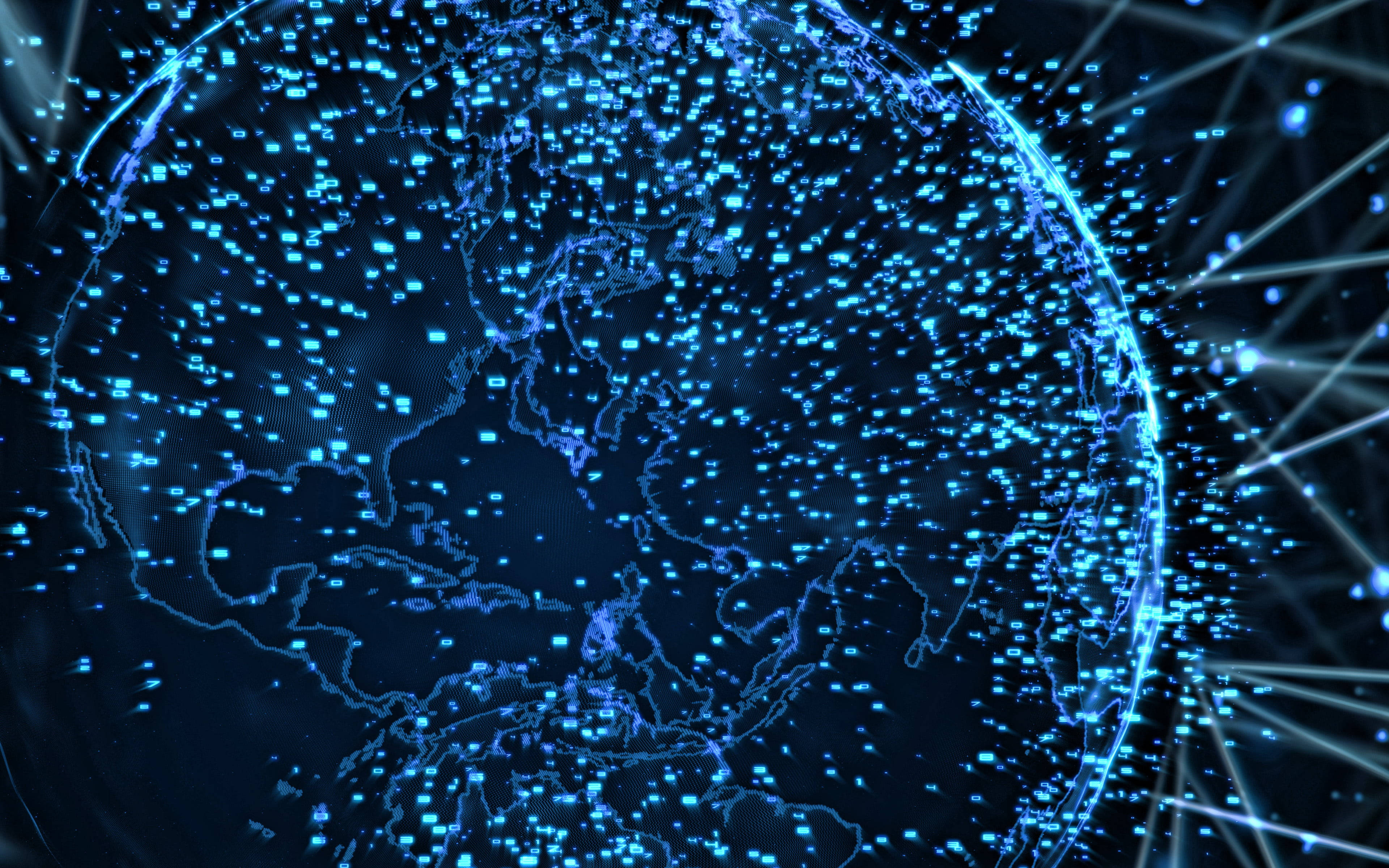 Blue Social Network Planet, glowing blue digital globe, pixelated data points, 4K Desktop Wallpaper