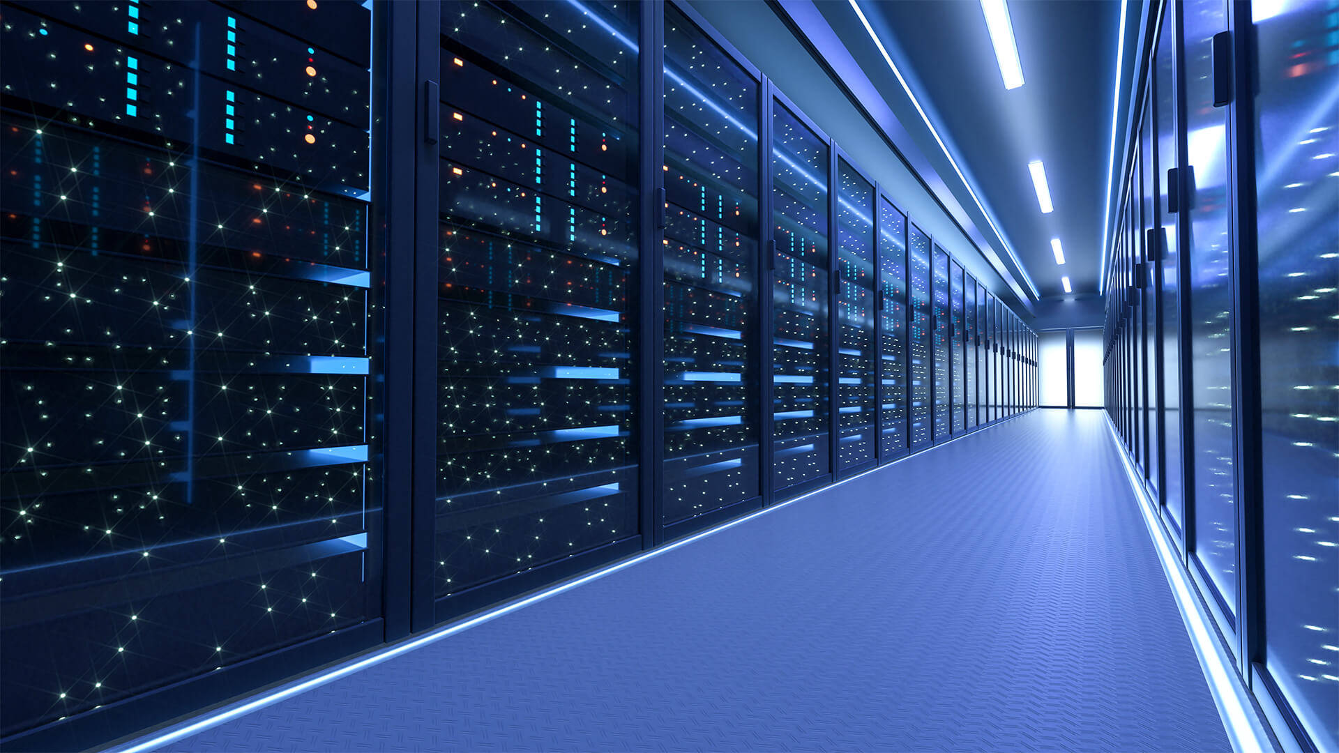futuristic server room hallway, glowing data centers, cool blue lighting, Full HD Desktop Wallpaper