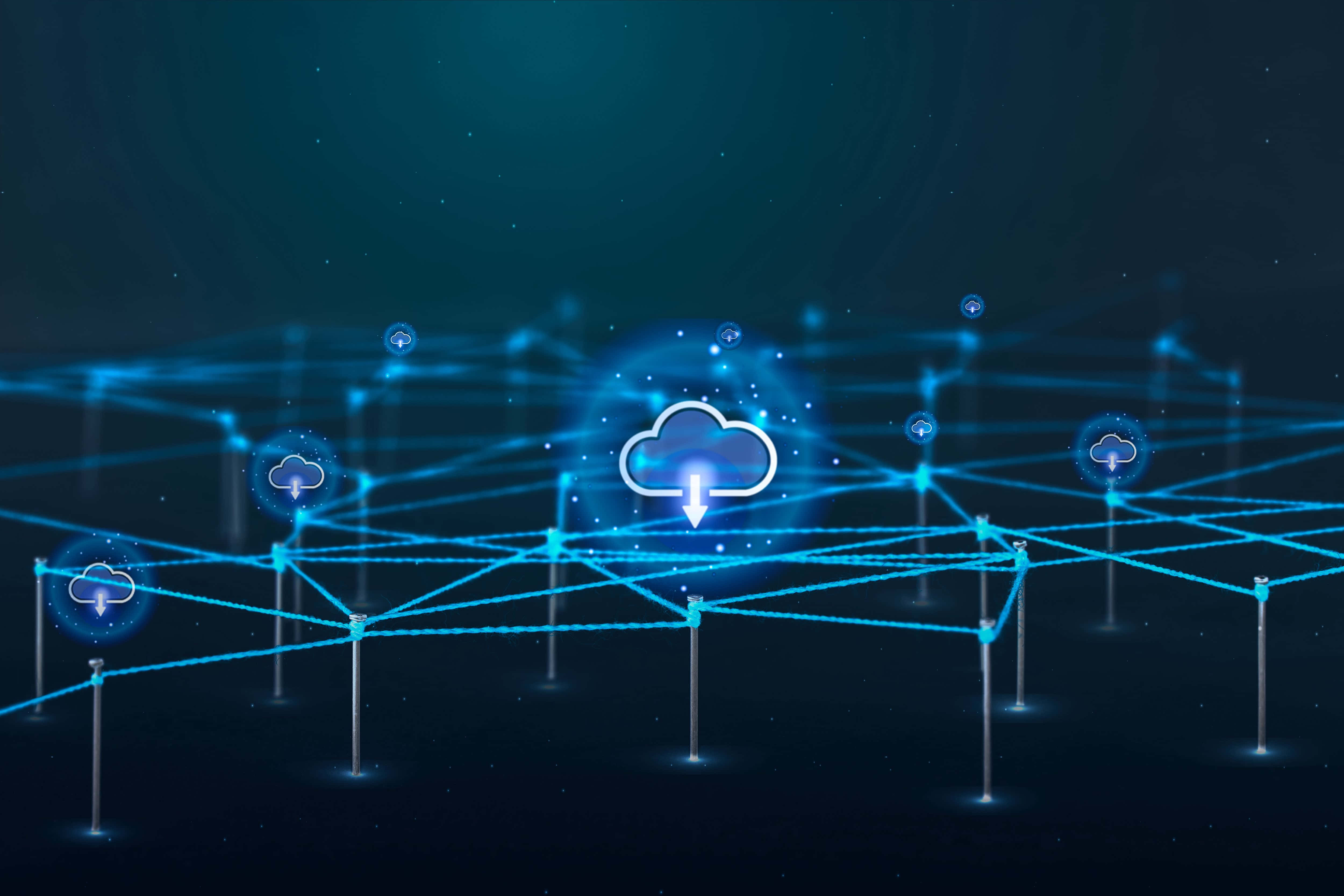 glowing blue cloud download icon, futuristic digital network, interconnected nodes, 4K Desktop Wallpaper