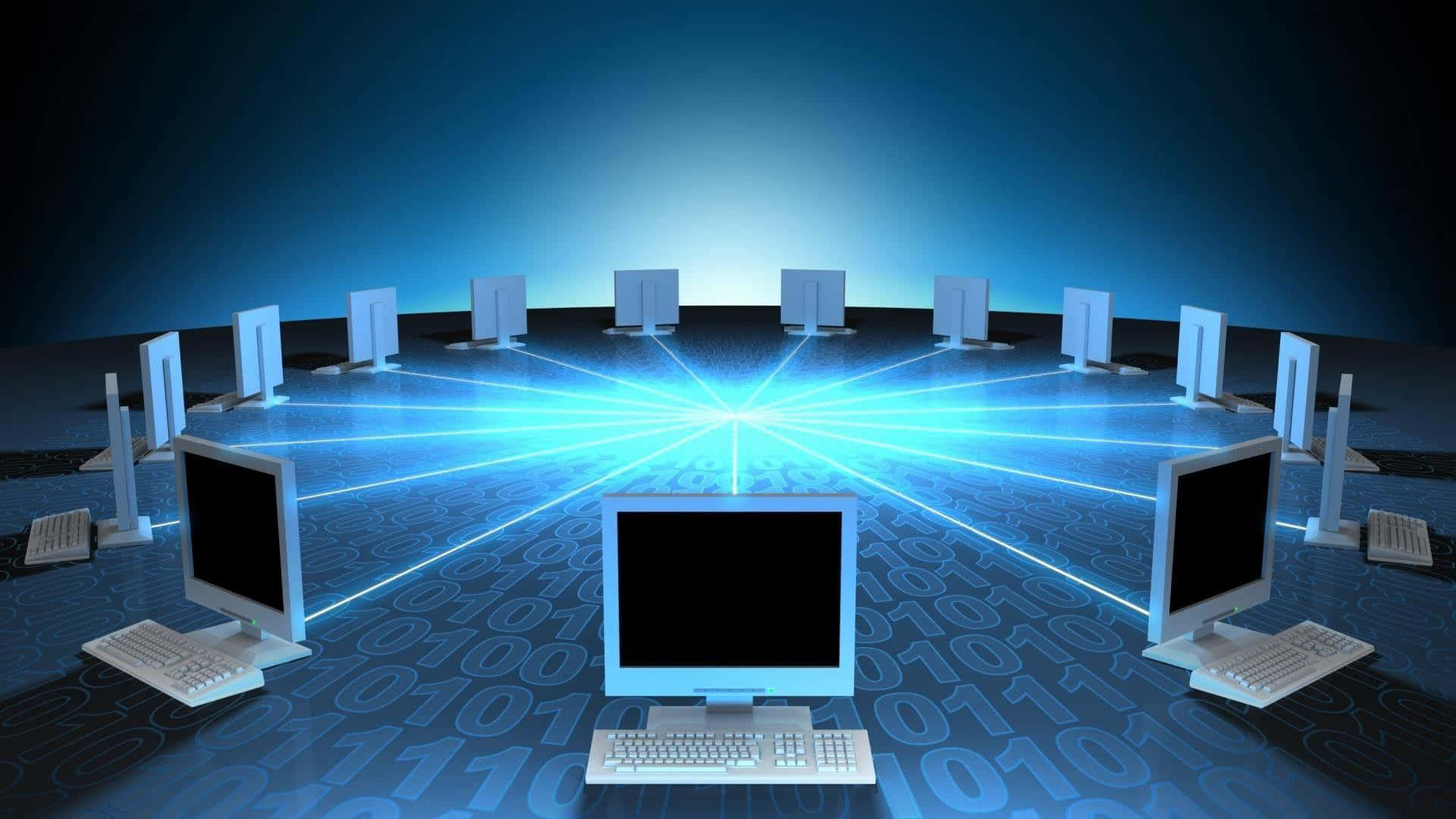 networked computers concept, computer monitors, bright blue light beams, Full HD Desktop Wallpaper