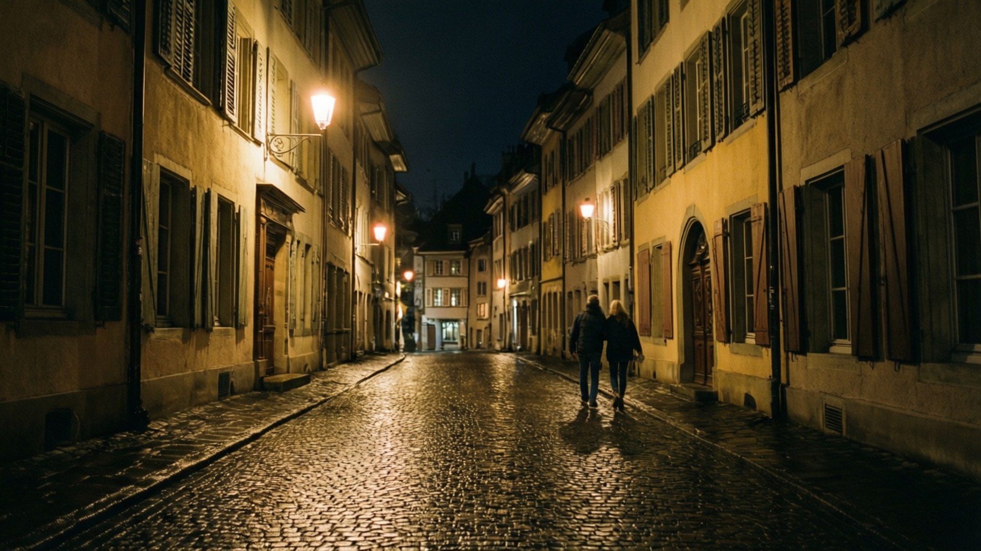 Neuchâtel, night, wet cobblestone alley, Full HD Desktop Wallpaper