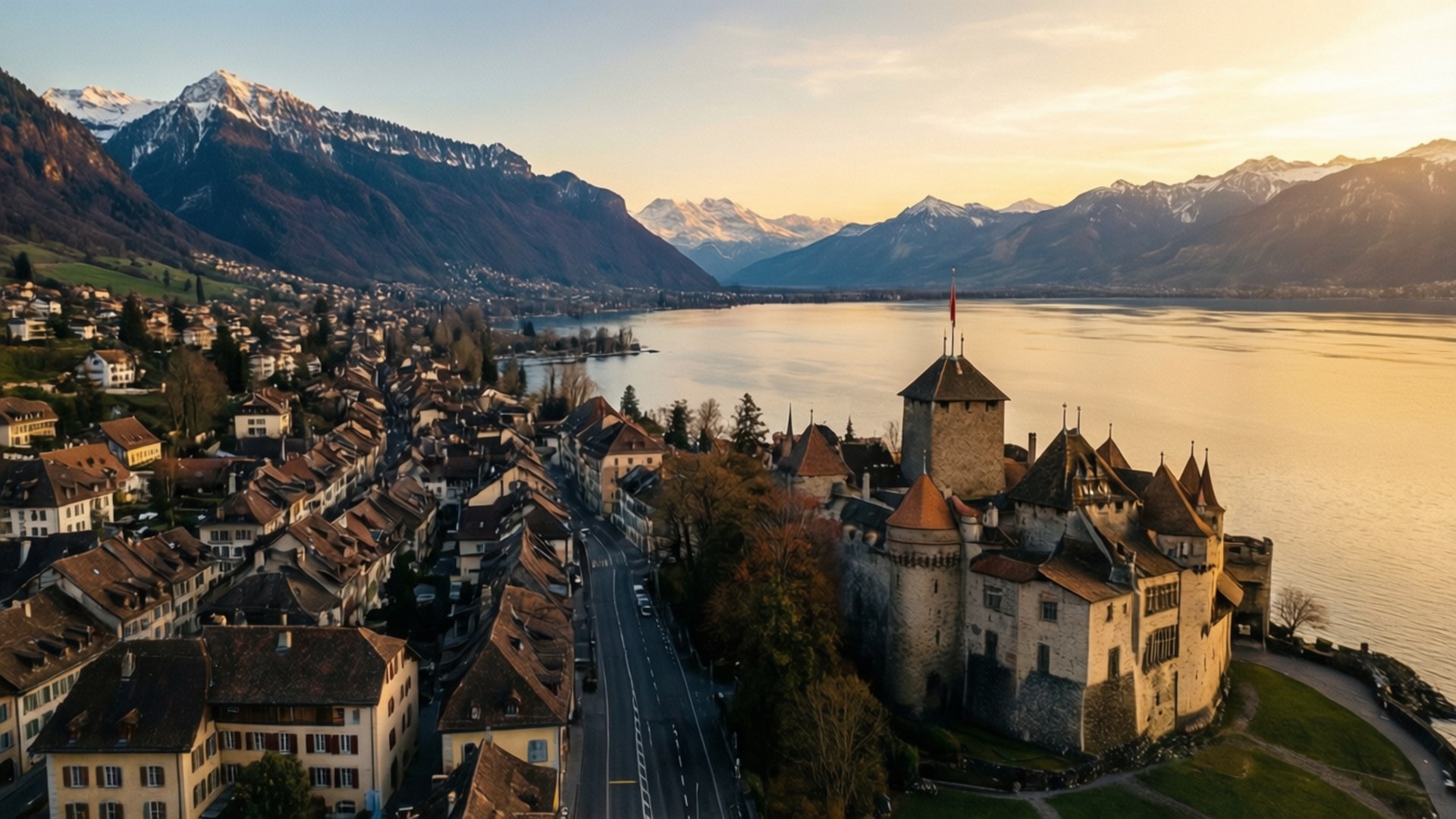 Neuchâtel, golden hour, sunset, Full HD Desktop Wallpaper