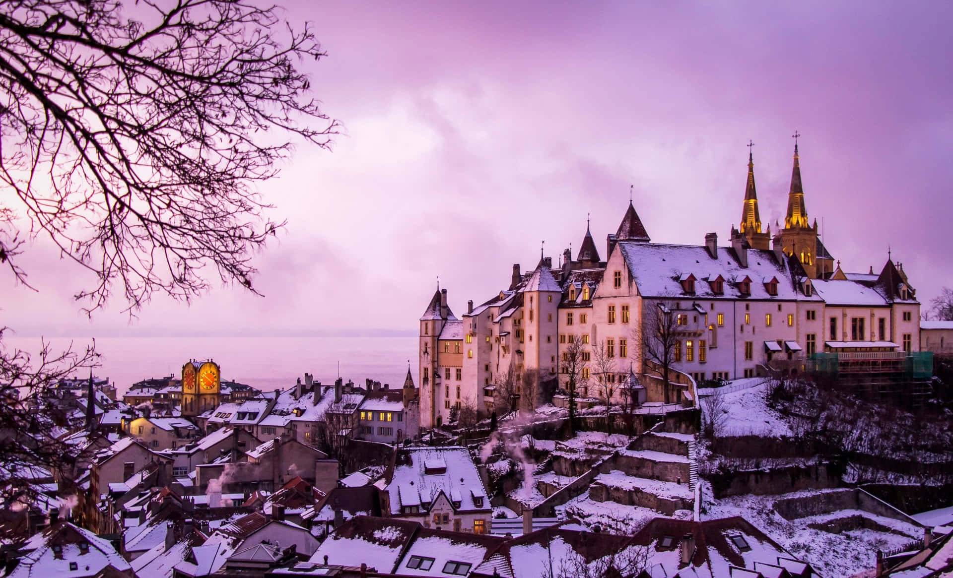 Neuchâtel, winter twilight, snow, Full HD Desktop Wallpaper