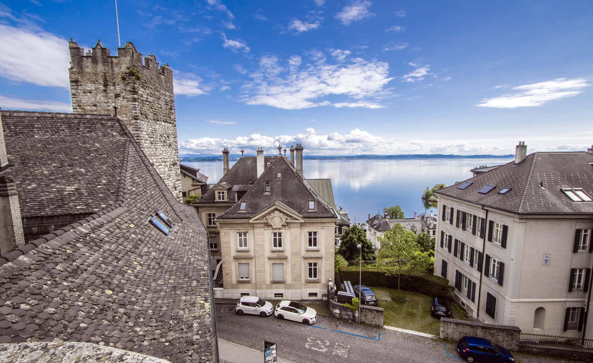 Neuchâtel, castle tower, calm blue lake, HD Desktop Wallpaper