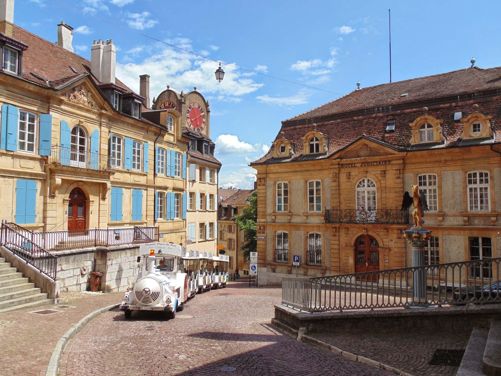 Neuchâtel, historic town square, blue shutters, HD Desktop Wallpaper