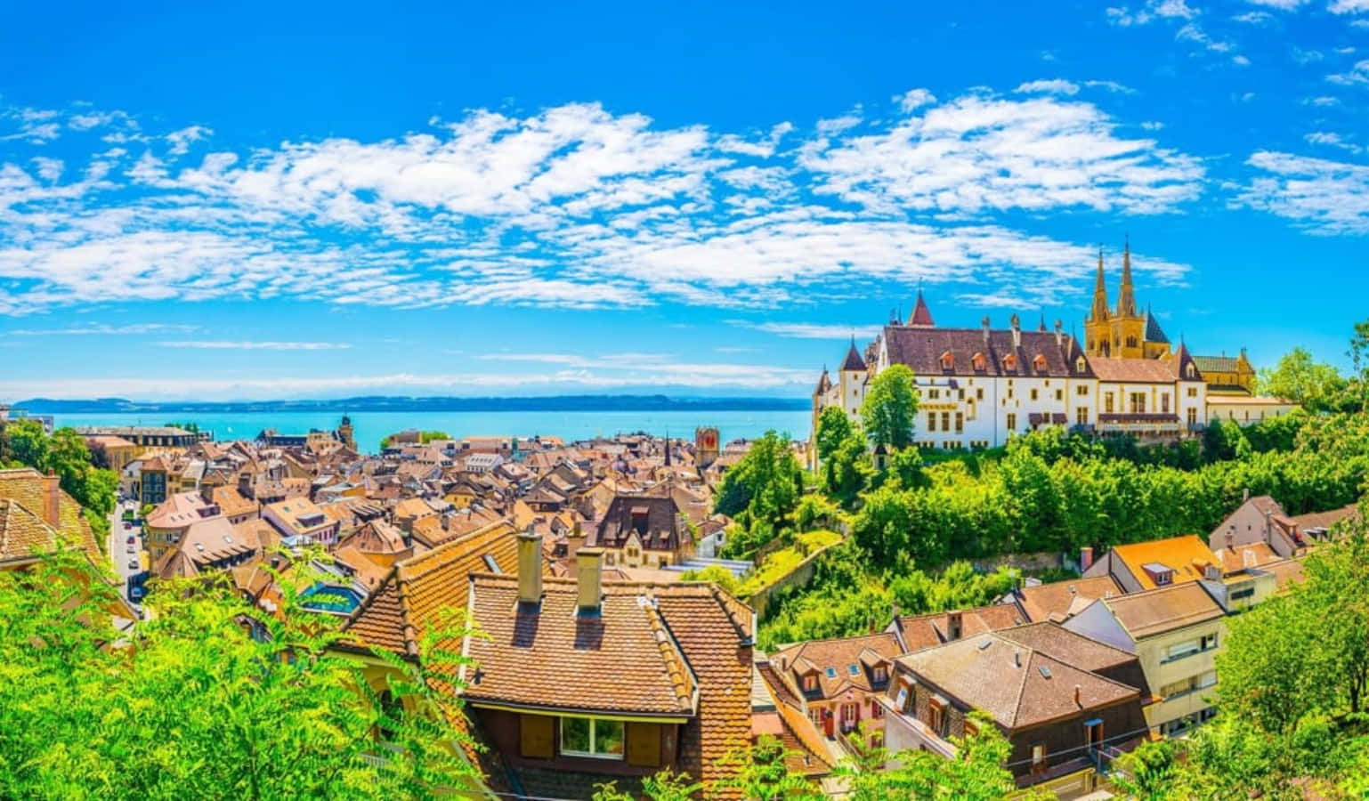 Neuchâtel, terracotta roofs, grand castle, HD Desktop Wallpaper