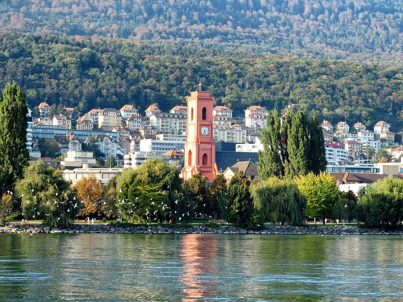 Neuchâtel, lakeside view, clock tower, HD Desktop Wallpaper
