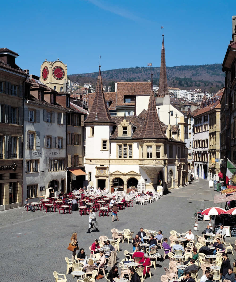 Neuchâtel, town square, bustling cafés, SD Phone Wallpaper
