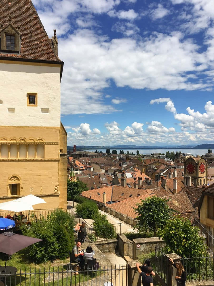 Neuchâtel, historic tower, red rooftops, SD Phone Wallpaper