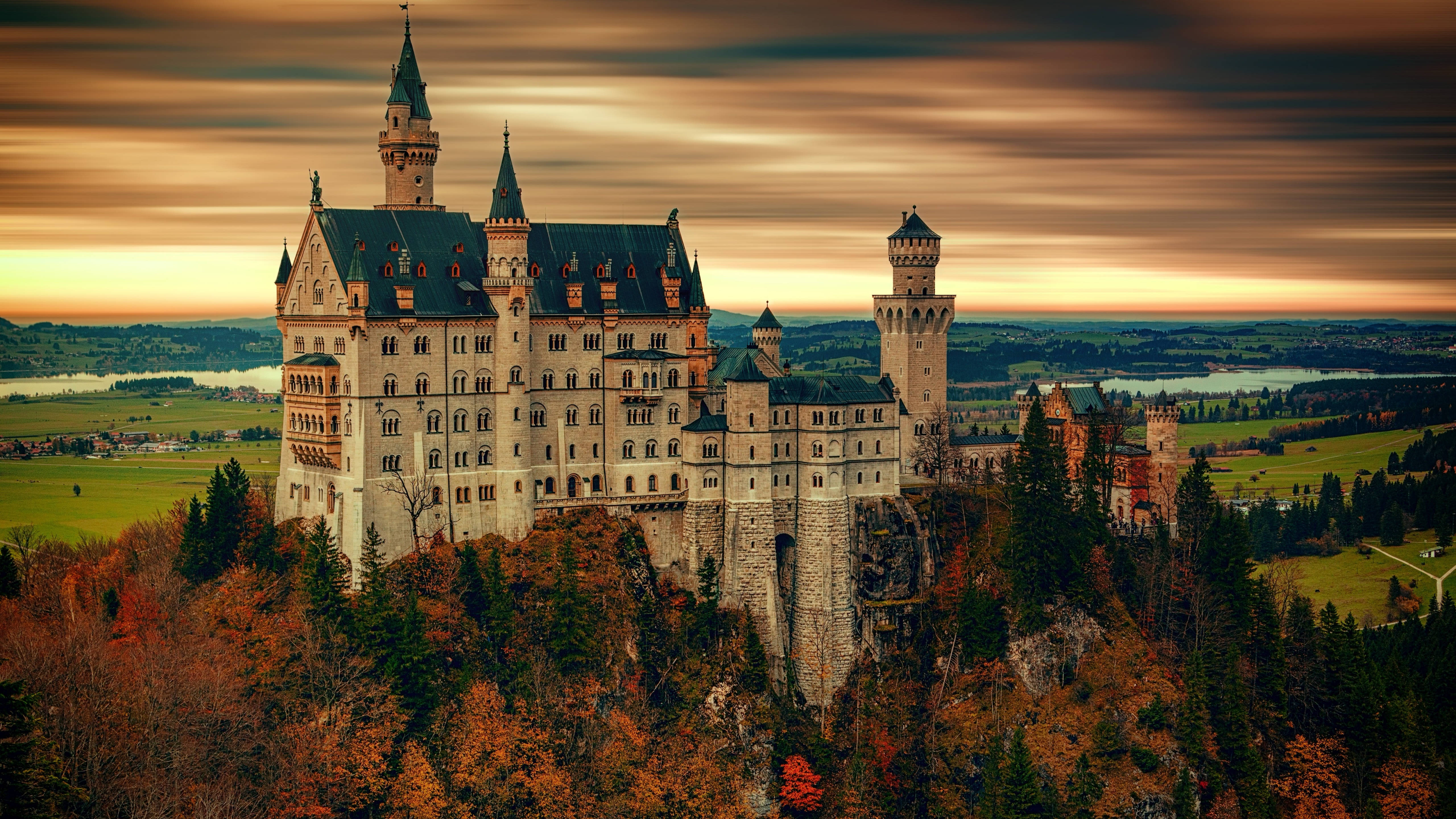 Neuschwanstein Castle, dark sunset, clouds, 5K Desktop Wallpaper