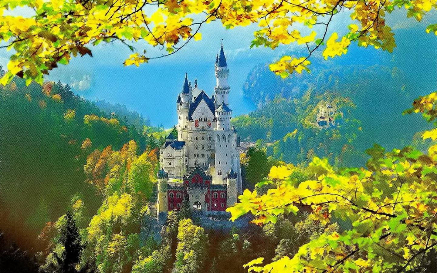 Neuschwanstein Castle, yellow leaves, autumn leaves, HD Desktop Wallpaper