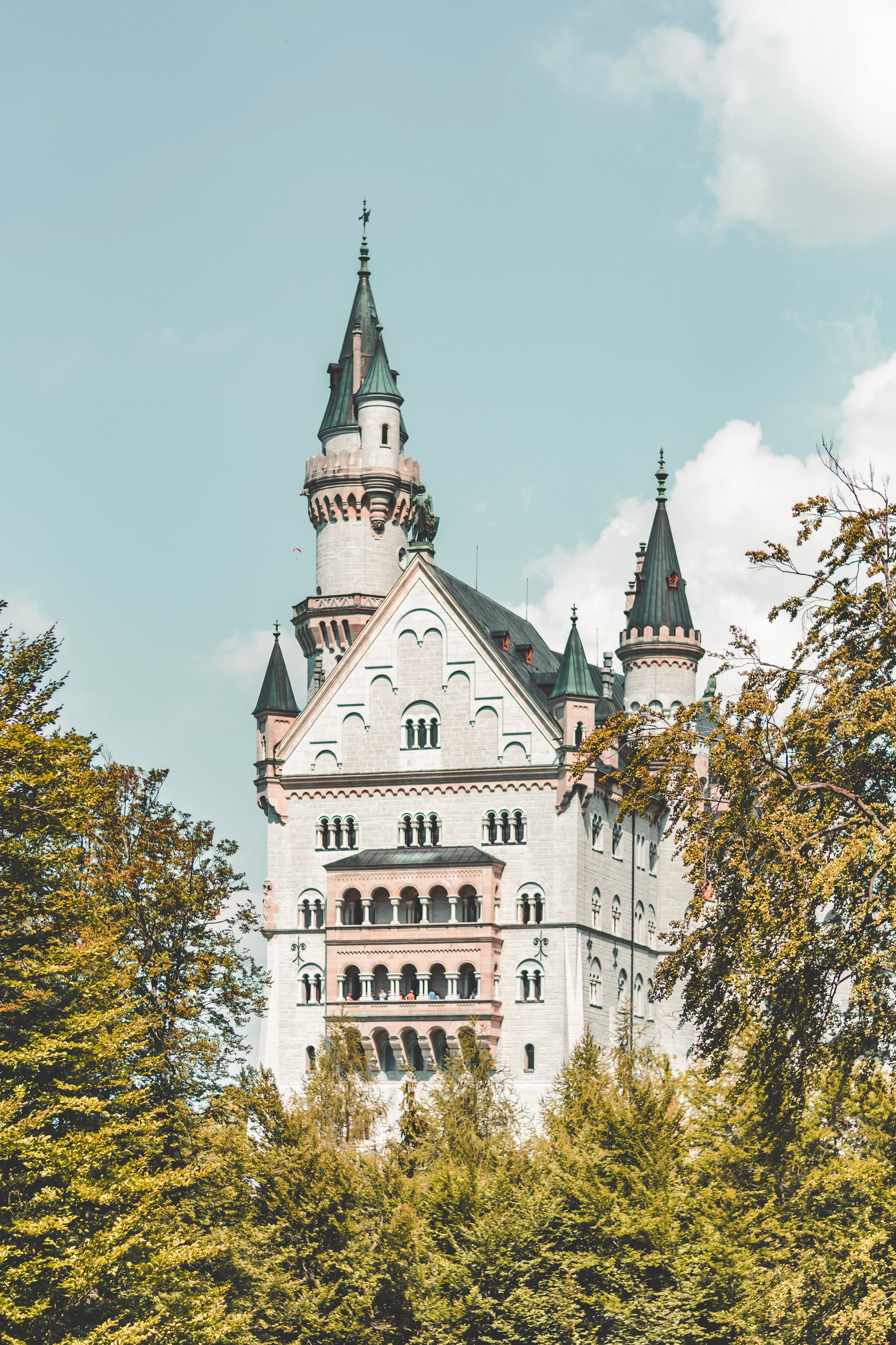 Neuschwanstein Castle, white castle, green spires, 5K Phone Wallpaper
