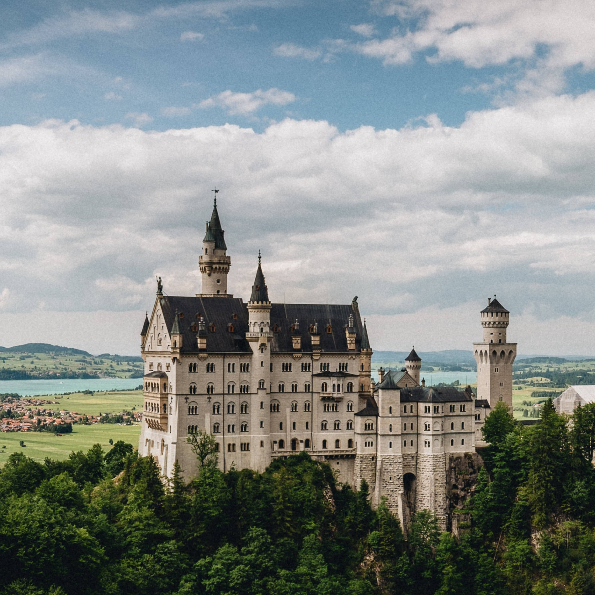 Neuschwanstein Castle, green trees, side view, Full HD Desktop Wallpaper