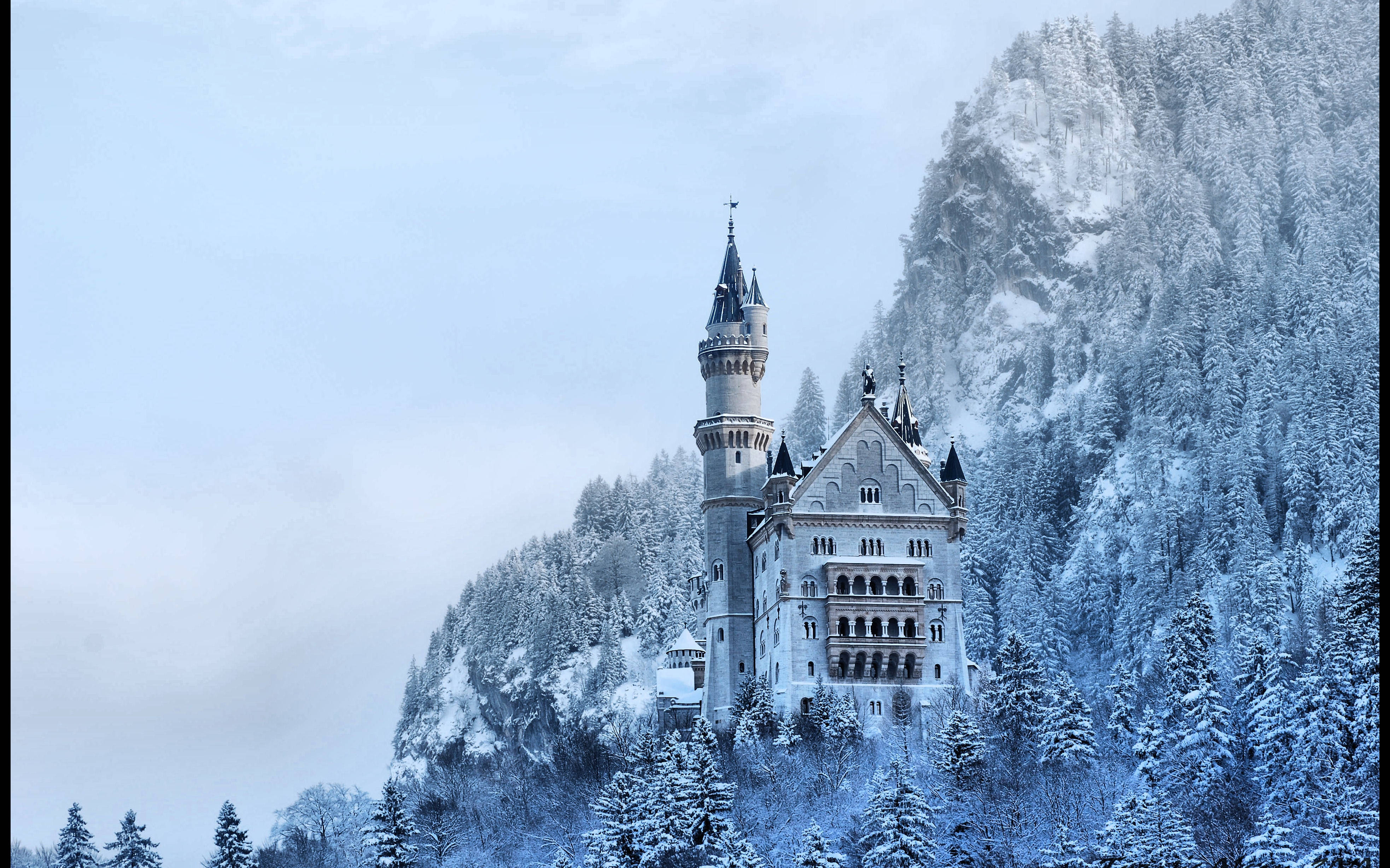 Neuschwanstein Castle, snow-covered, forested mountain, 4K Desktop Wallpaper