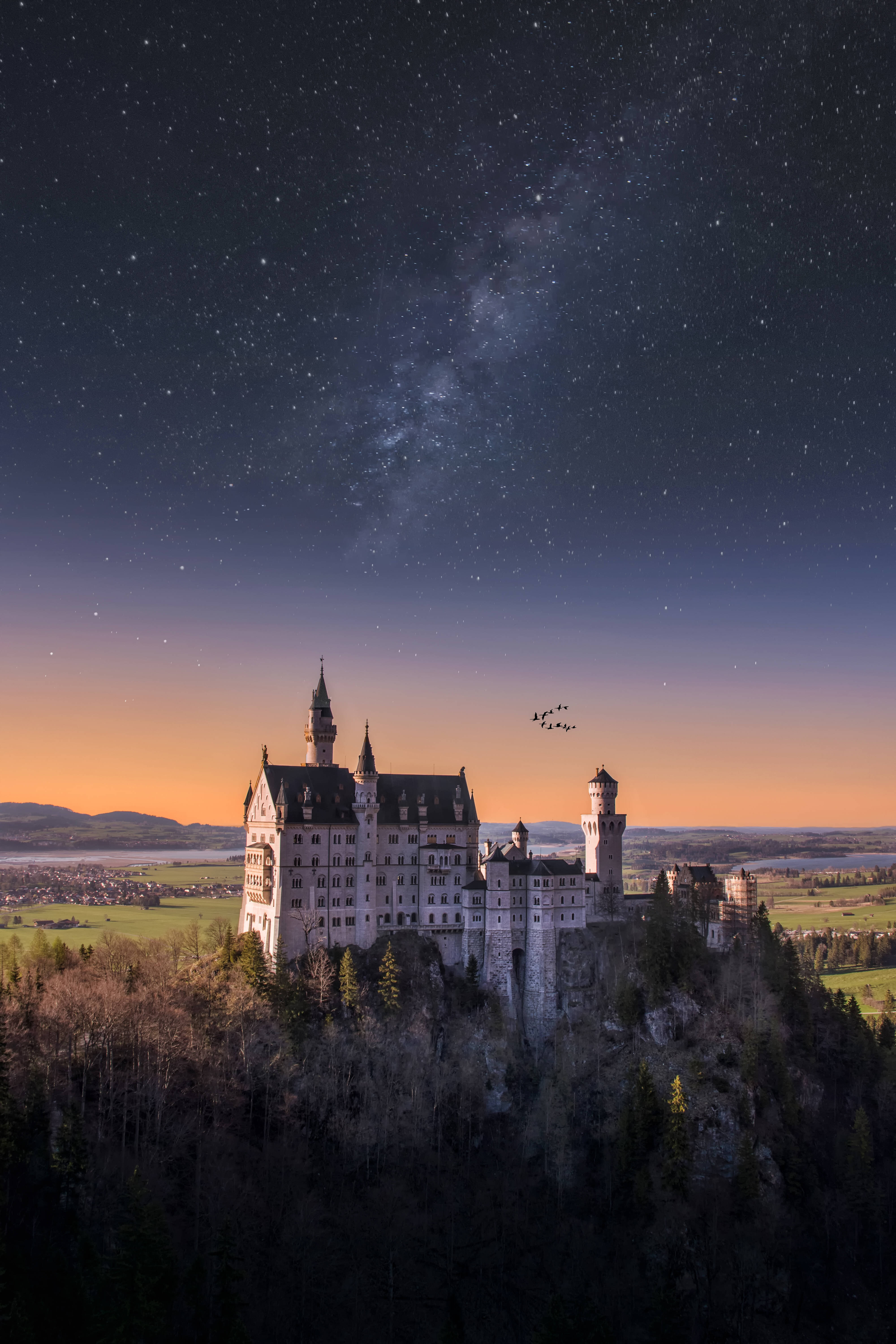 Neuschwanstein Castle, Milky Way, starry night sky, 5K Phone Wallpaper