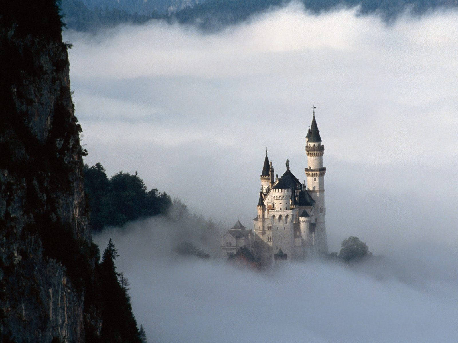 Neuschwanstein Castle, swirling mist, rugged cliffside, HD Desktop Wallpaper