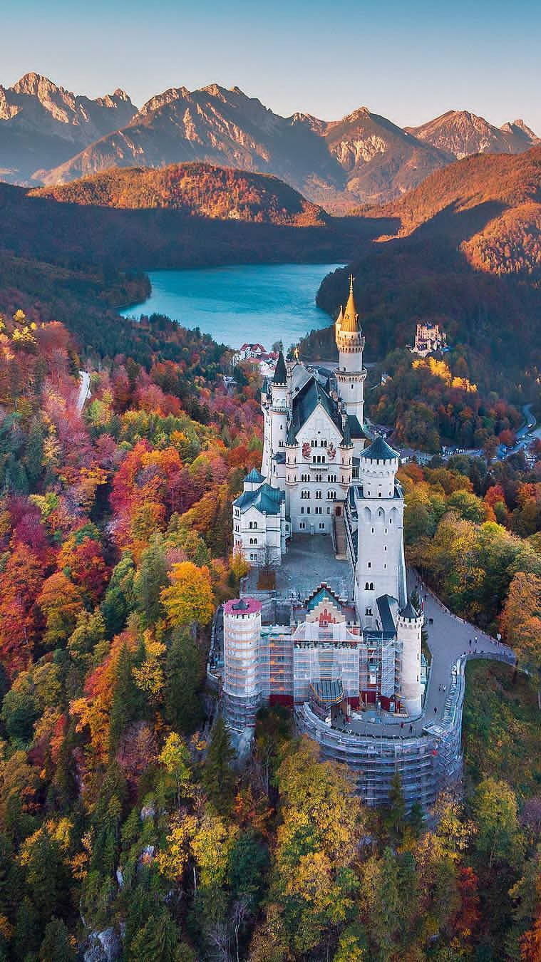 Neuschwanstein Castle, autumn forests, turquoise lake, HD Phone Wallpaper